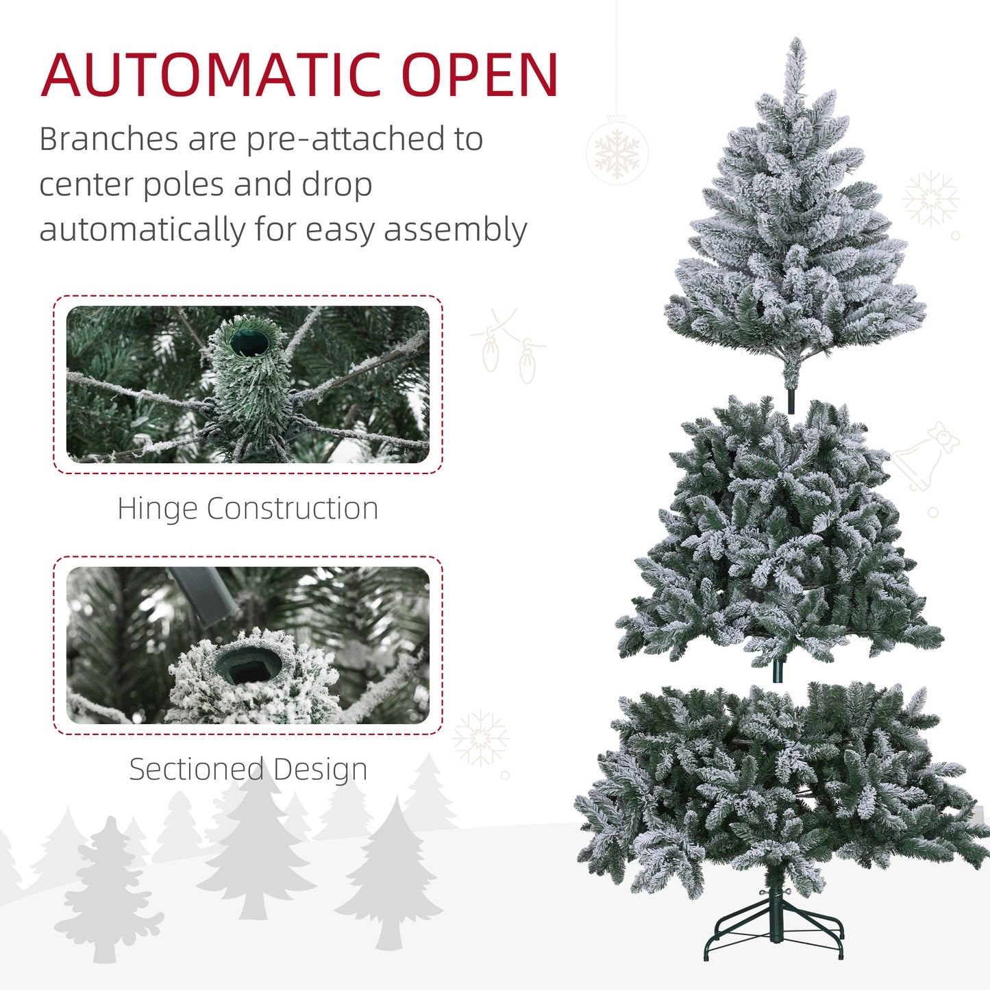 7 Foot Artificial Flocked Christmas Tree with Snow, Metal Stand, Hinged Xmas Tree for Home Office Holiday Flocked Christmas Trees   at Gallery Canada