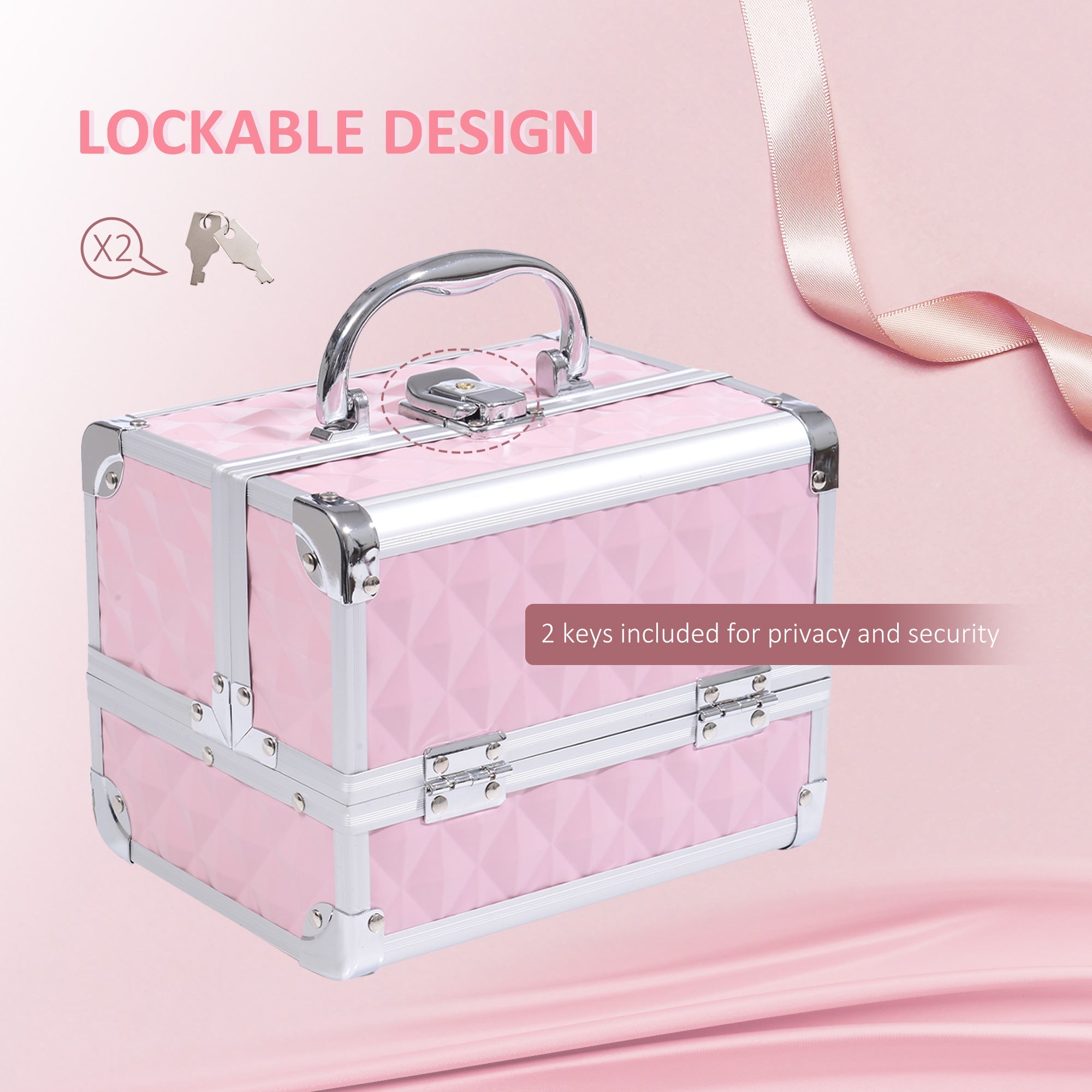 3 Tier Diamond Texture Makeup Train Case Cosmetic Organizer with Mirror, Pink Makeup Cases   at Gallery Canada