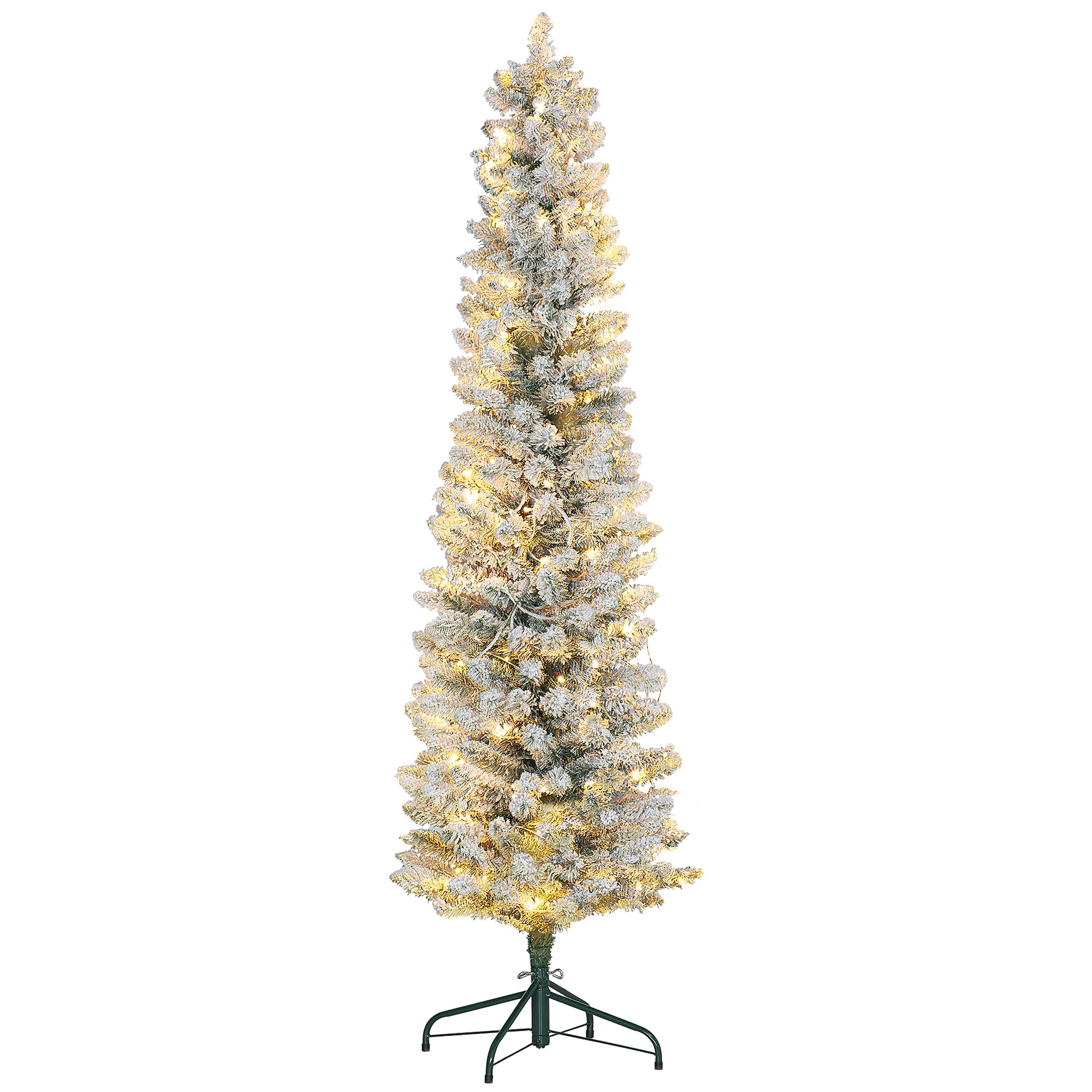 6ft Artificial Prelit Christmas Tree with Warm White LED Light, Snow Flocked Branches, Metal Base, Pencil Xmas Tree Pre Lit Christmas Trees   at Gallery Canada