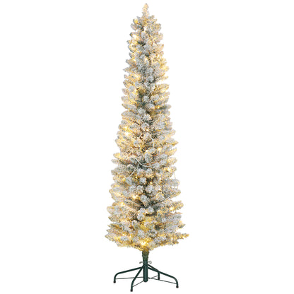 6ft Artificial Prelit Christmas Tree with Warm White LED Light, Snow Flocked Branches, Metal Base, Pencil Xmas Tree Pre Lit Christmas Trees   at Gallery Canada