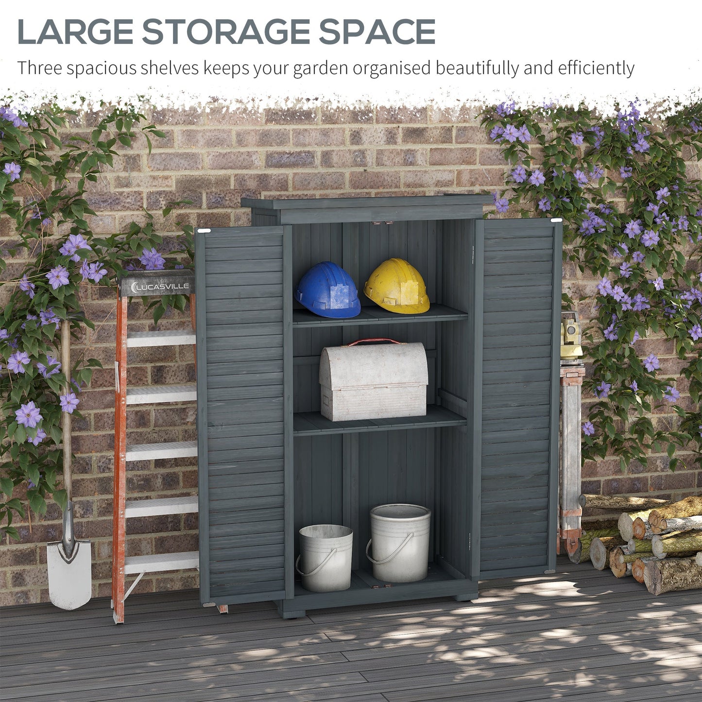 Outdoor Garden Shed, Wooden Tool Storage Shed, 3-Tier Shelves, Asphalt Roof, Shutter Doors, 34.3" x 18.3" x 63", Grey Sheds   at Gallery Canada