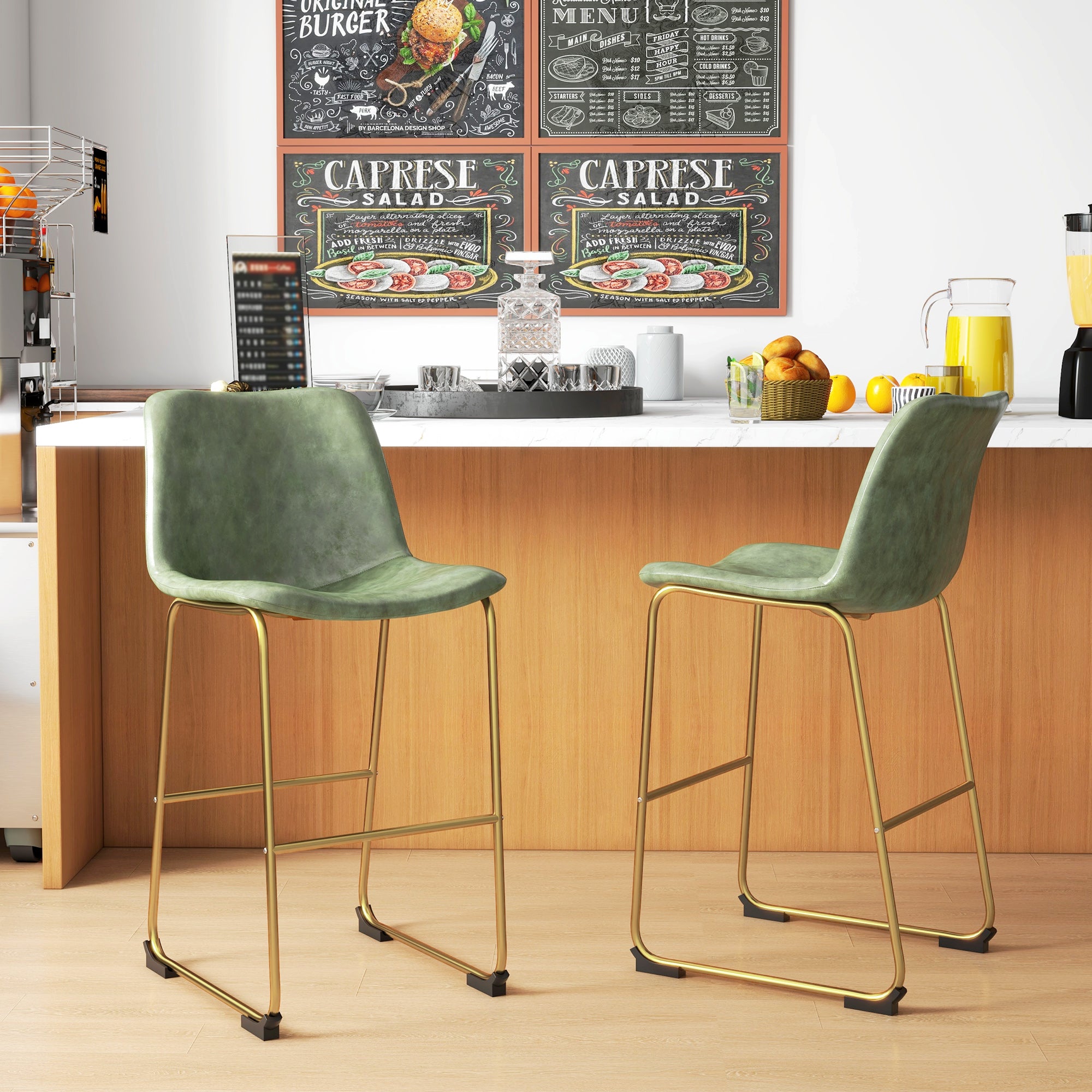 Bar Height Stools Set of 2, PU Leather Upholstered Stools for Kitchen Island, Modern Bar Chairs, Dark Green Bar Stools   at Gallery Canada