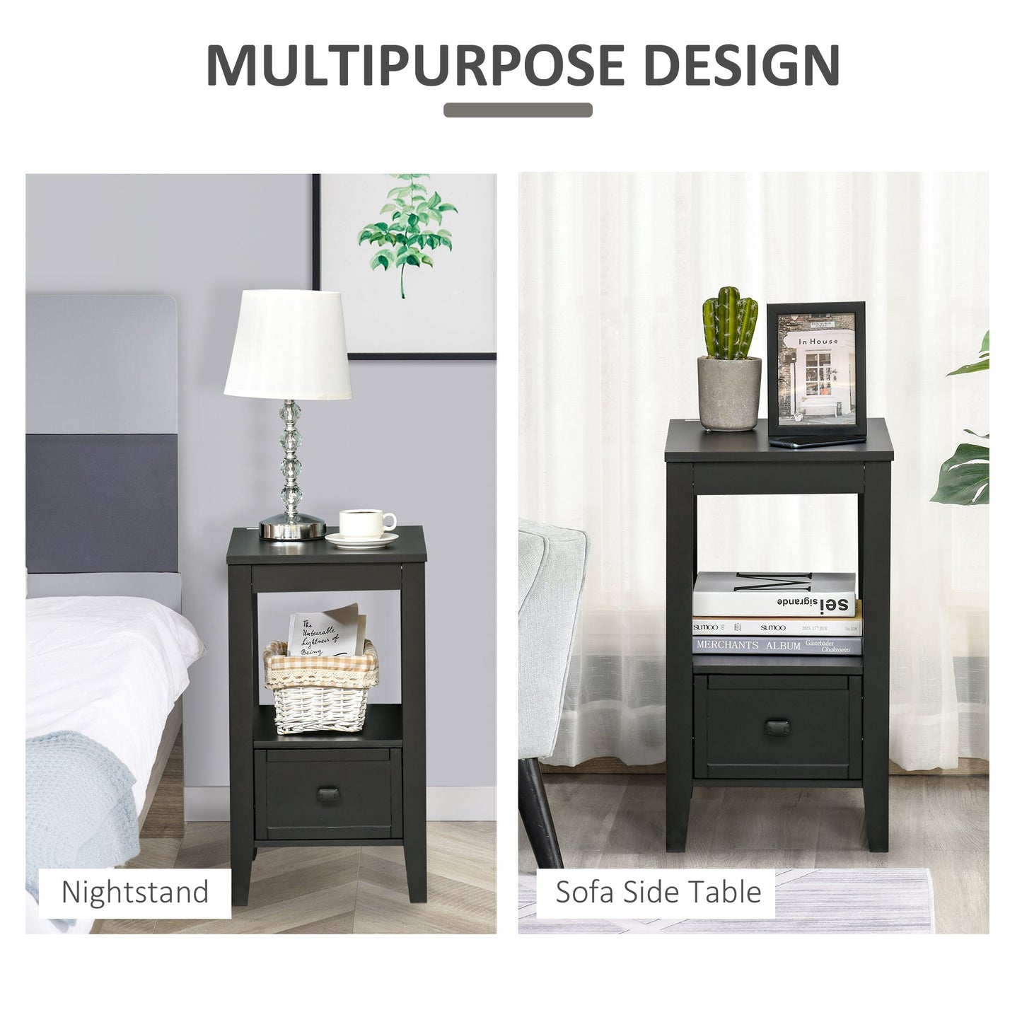 Side Table, Modern Coffee End Table with Drawer and Shelf, Nightstand for Bedroom, Living Room, Black Side Tables   at Gallery Canada