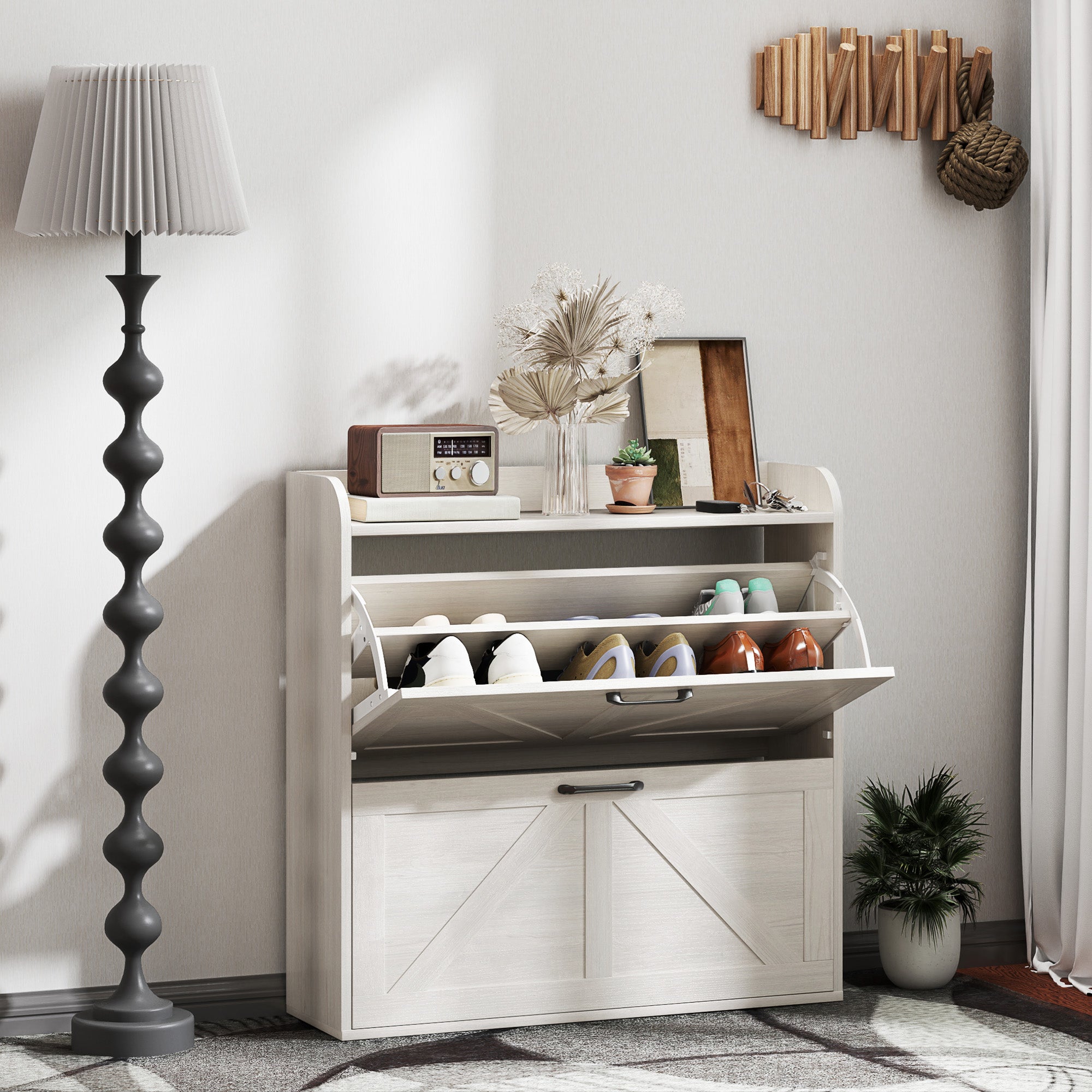 Narrow Shoe Storage Cabinet, Farmhouse Slim Shoe Cabinet with 2 Flip Drawers, Adjustable Shelves, White Oak Shoe Storage Cabinets & Racks Oak White at Gallery Canada