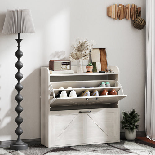 Narrow Shoe Storage Cabinet, Farmhouse Slim Shoe Cabinet with 2 Flip Drawers, Adjustable Shelves, White Oak