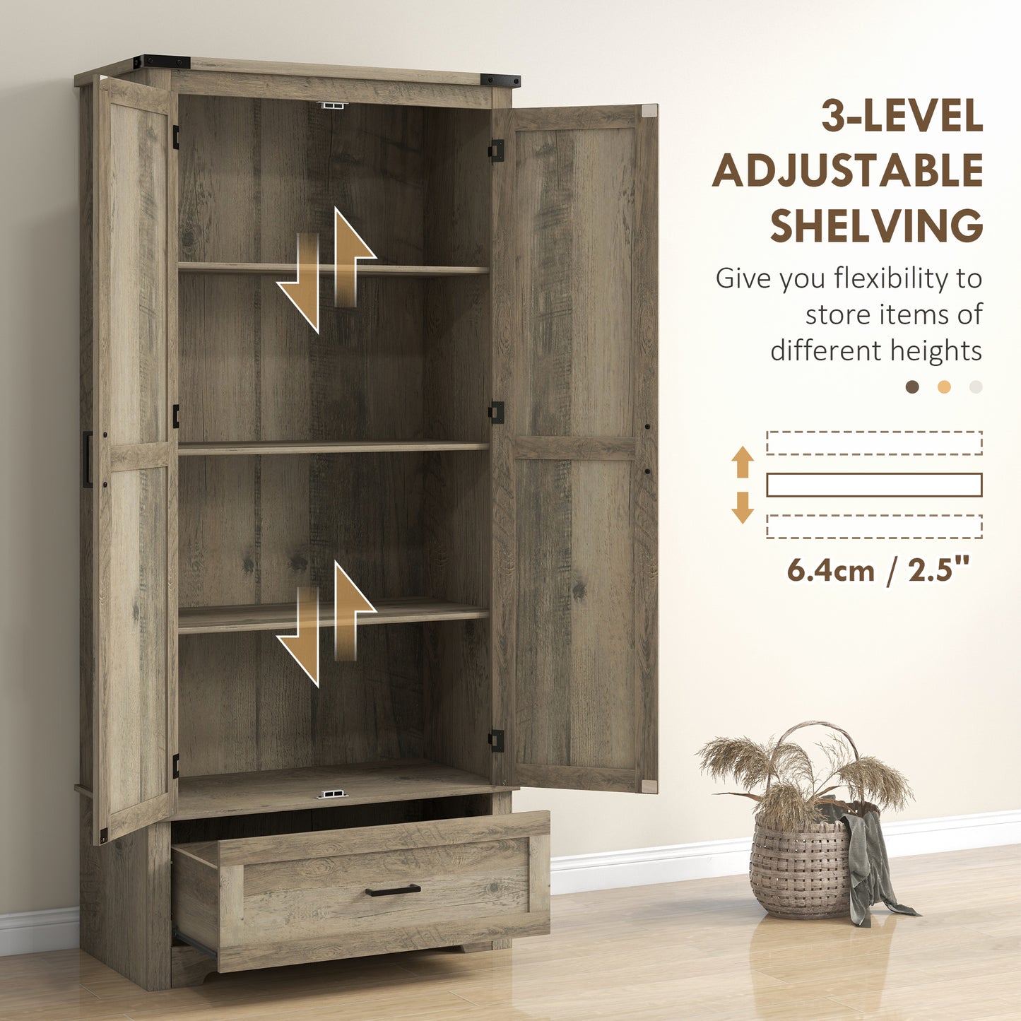 69" Tall Farmhouse Kitchen Pantry Cabinet with 2 Doors, Drawer and Adjustable Shelves for Dining Room, Grey Kitchen Pantry Cabinets   at Gallery Canada