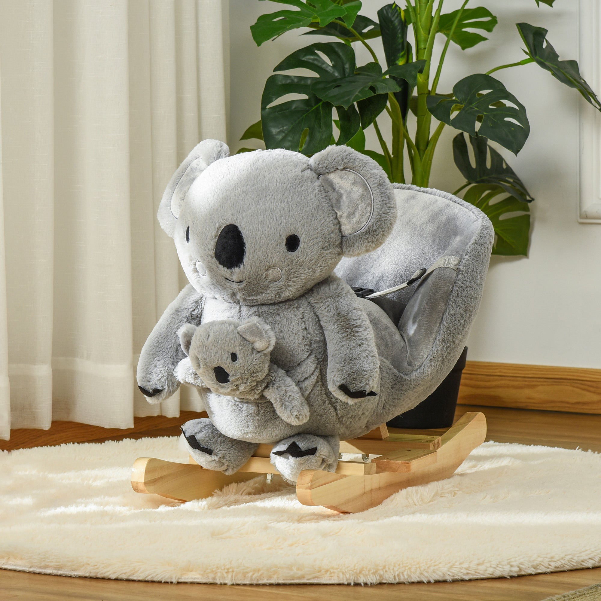 Kids Plush Ride-On Rocking Horse Koala-shaped Plush Toy Rocker with Gloved Doll Realistic Sounds for Child 18-36 Months Grey Rocking Horses at Gallery Canada