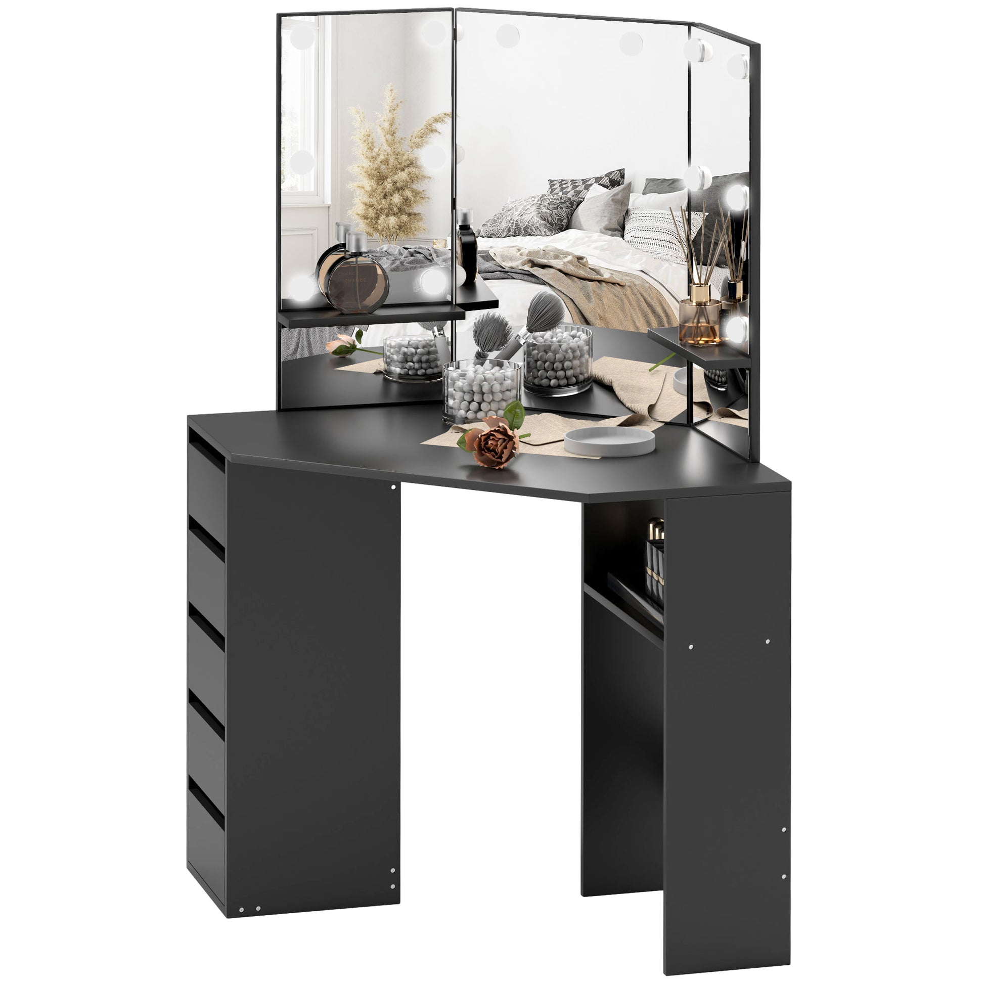 Makeup Vanity Desk with 3-Panel Mirror and 10 LED Lights, Dressing Table with 5 Drawers and Shelves for Bedroom, Black Dressing & Vanity Tables at Gallery Canada