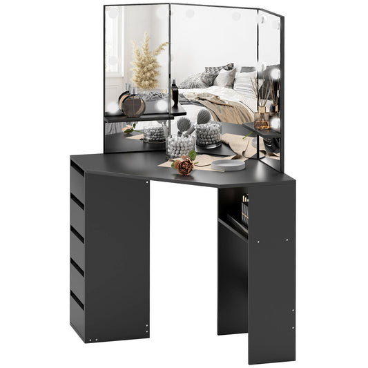 Makeup Vanity Desk with 3-Panel Mirror and 10 LED Lights, Dressing Table with 5 Drawers and Shelves for Bedroom, Black