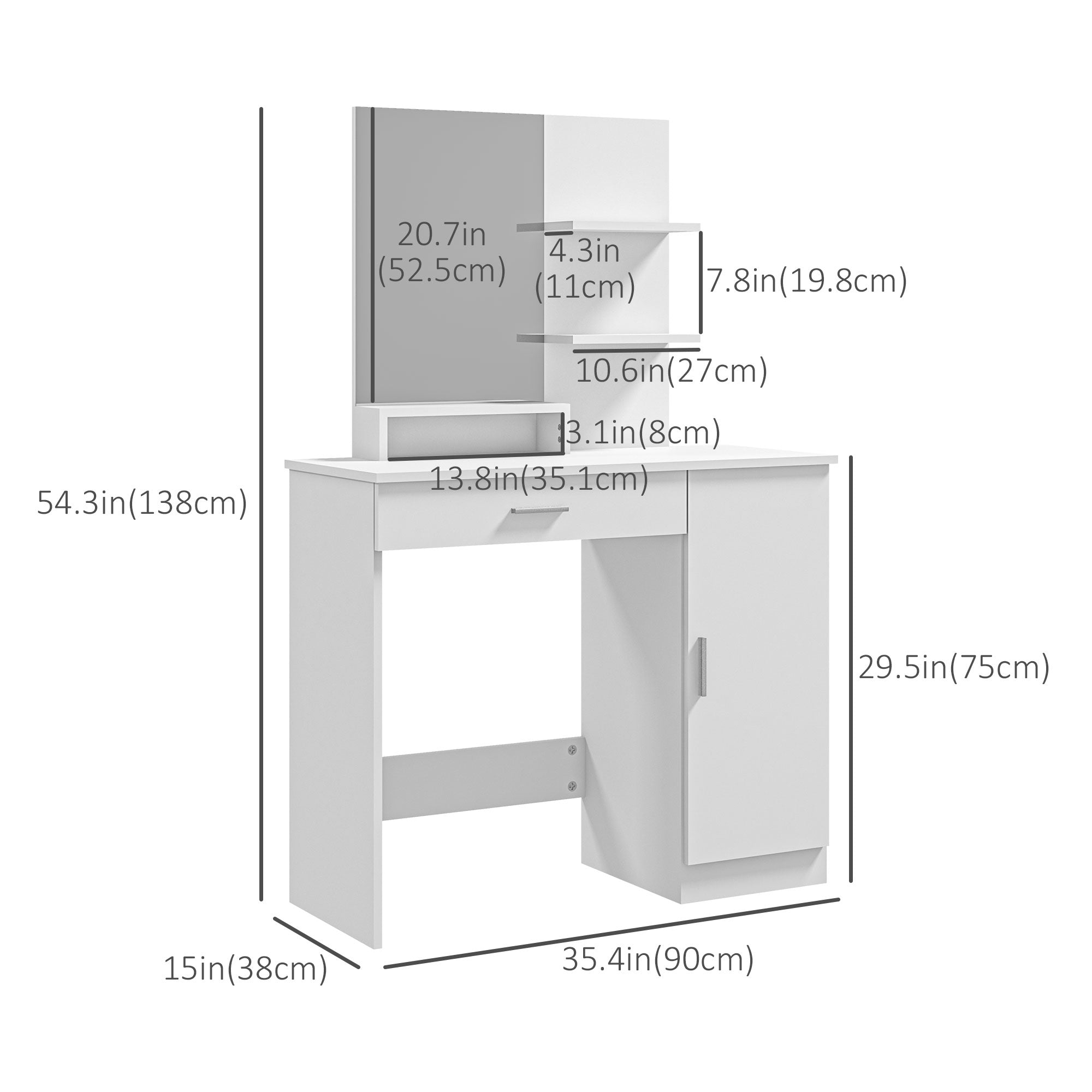 Dresssing Table, Vanity Table with Mirror, Drawer and Storage Shelves for Bedroom, 35.4