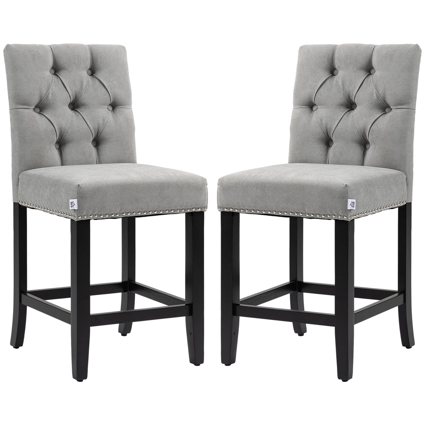 Fabric Bar Stool Set of 2, Tall 25.6" Seat Height Bar Chairs with Tufted Back &; Wood Legs, Light Grey Bar Stools   at Gallery Canada