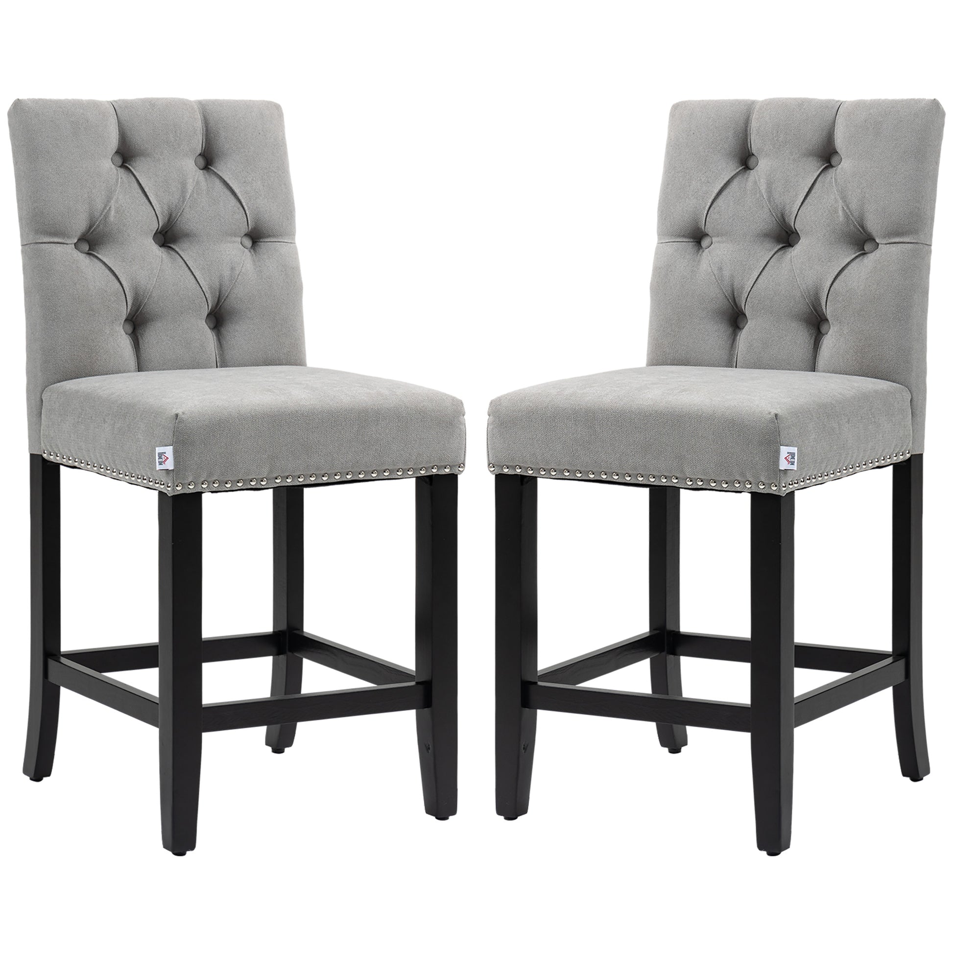 Fabric Bar Stool Set of 2, Tall 25.6" Seat Height Bar Chairs with Tufted Back &; Wood Legs, Light Grey Bar Stools   at Gallery Canada