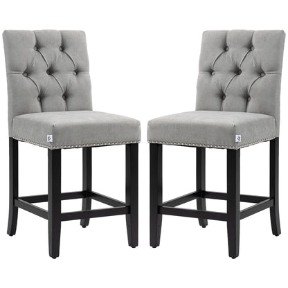 Fabric Bar Stool Set of 2, Tall 25.6" Seat Height Bar Chairs with Tufted Back &; Wood Legs, Light Grey Bar Stools   at Gallery Canada