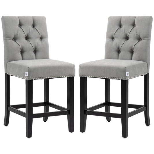Fabric Bar Stool Set of 2, Tall 25.6" Seat Height Bar Chairs with Tufted Back &; Wood Legs, Light Grey Bar Stools   at Gallery Canada