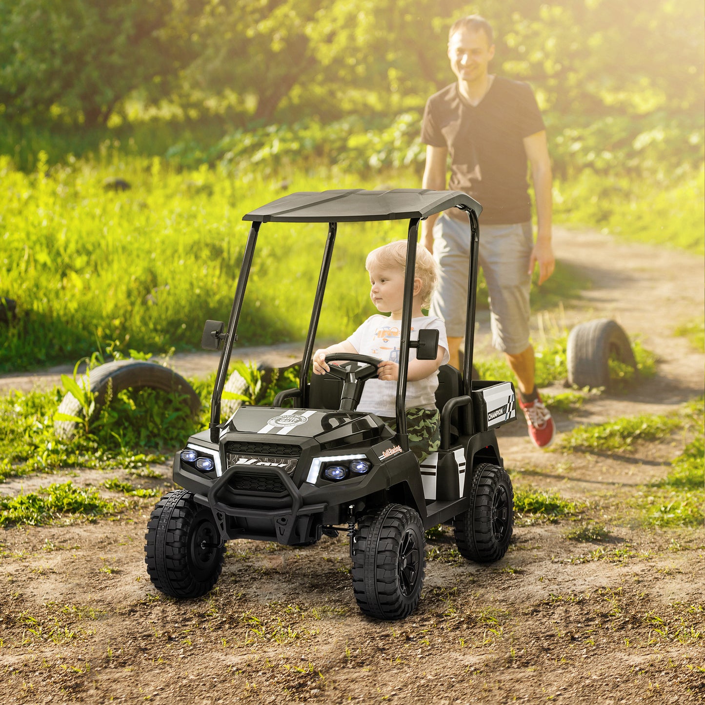 24V 2 Seater Electric Car for Kids w/ Remote Control, 4 Wheels Spring Suspension, Soft Start, Storage, Sunshade, Black Electric Toy Cars Black at Gallery Canada