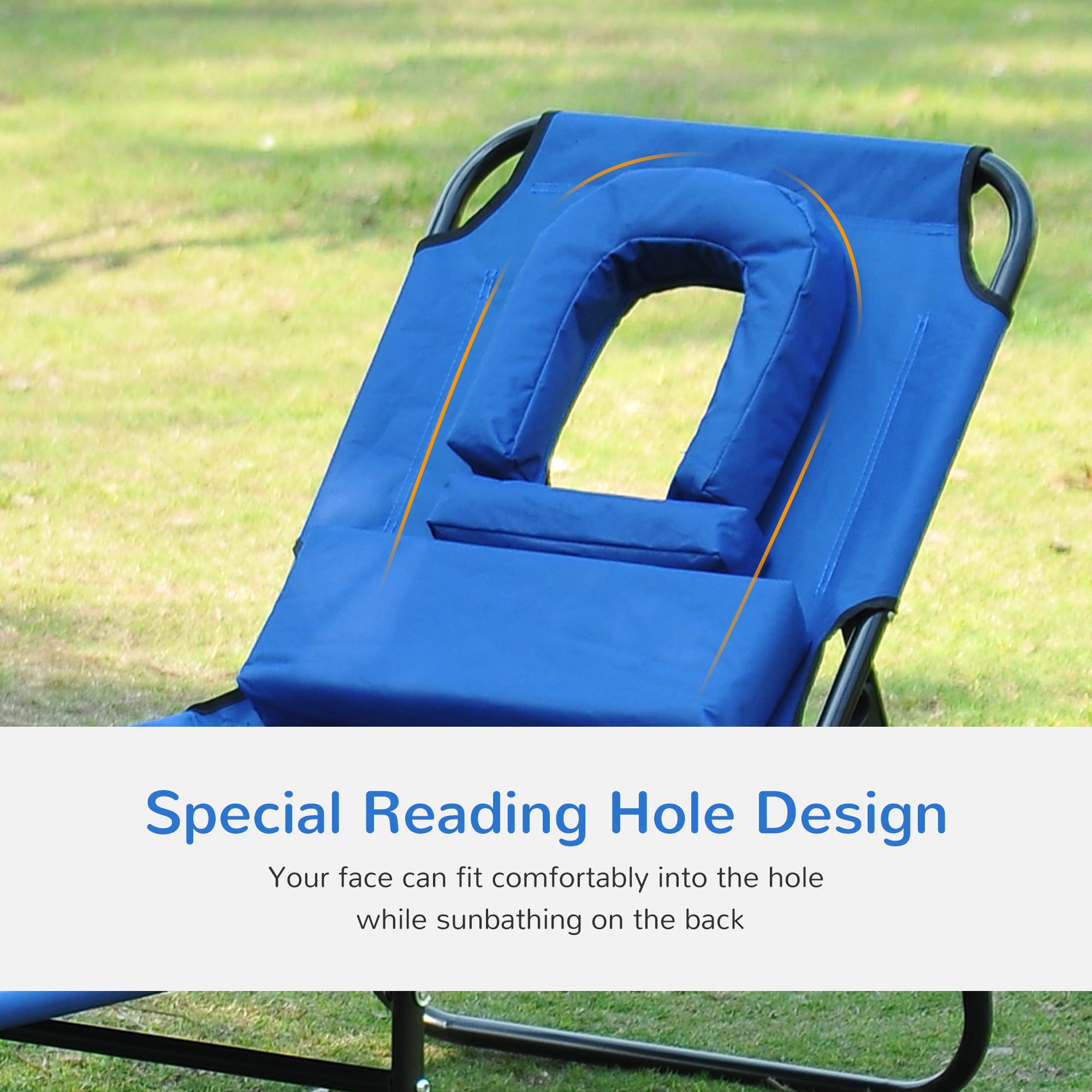 Adjustable Garden Sun Lounger w/ Reading Hole Outdoor Reclining Seat Folding Camping Beach Lounging Bed Blue Lounger Chairs   at Gallery Canada