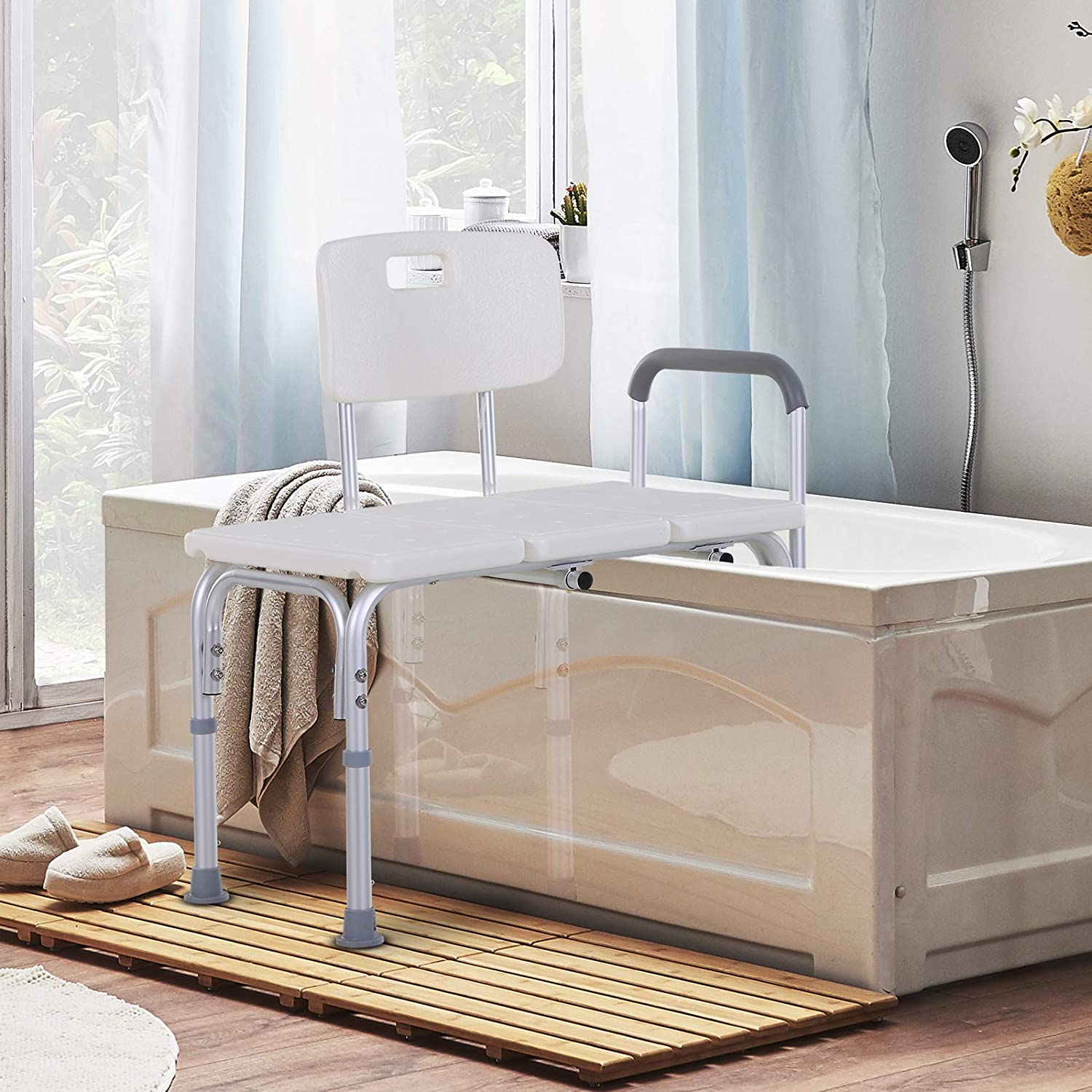 6-Level Adjustable Bath and Shower Transfer Bench Aluminum Chair with Non-Slip Feet, Armrest &; Backrest White Bath Chairs at Gallery Canada