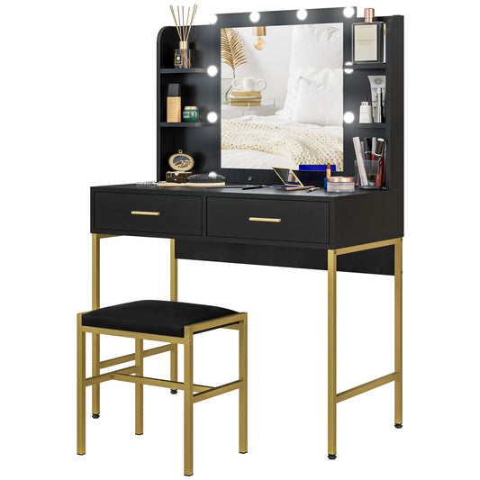 Makeup Vanity Desk Set with Lighted Mirror, Stool, Drawers, Shelves, 2 Lighting Modes, Dressing Table, Black Dressing & Vanity Tables   at Gallery Canada