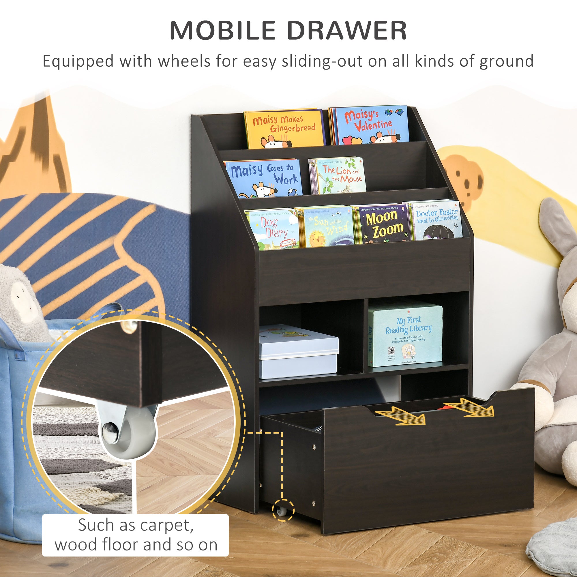 Kids Bookcase Multi-Shelf Rack Organizer with Storage Drawer for Books for Reading Nook, Classroom, Bedroom, Playroom, Brown Baby & Kids Storage at Gallery Canada