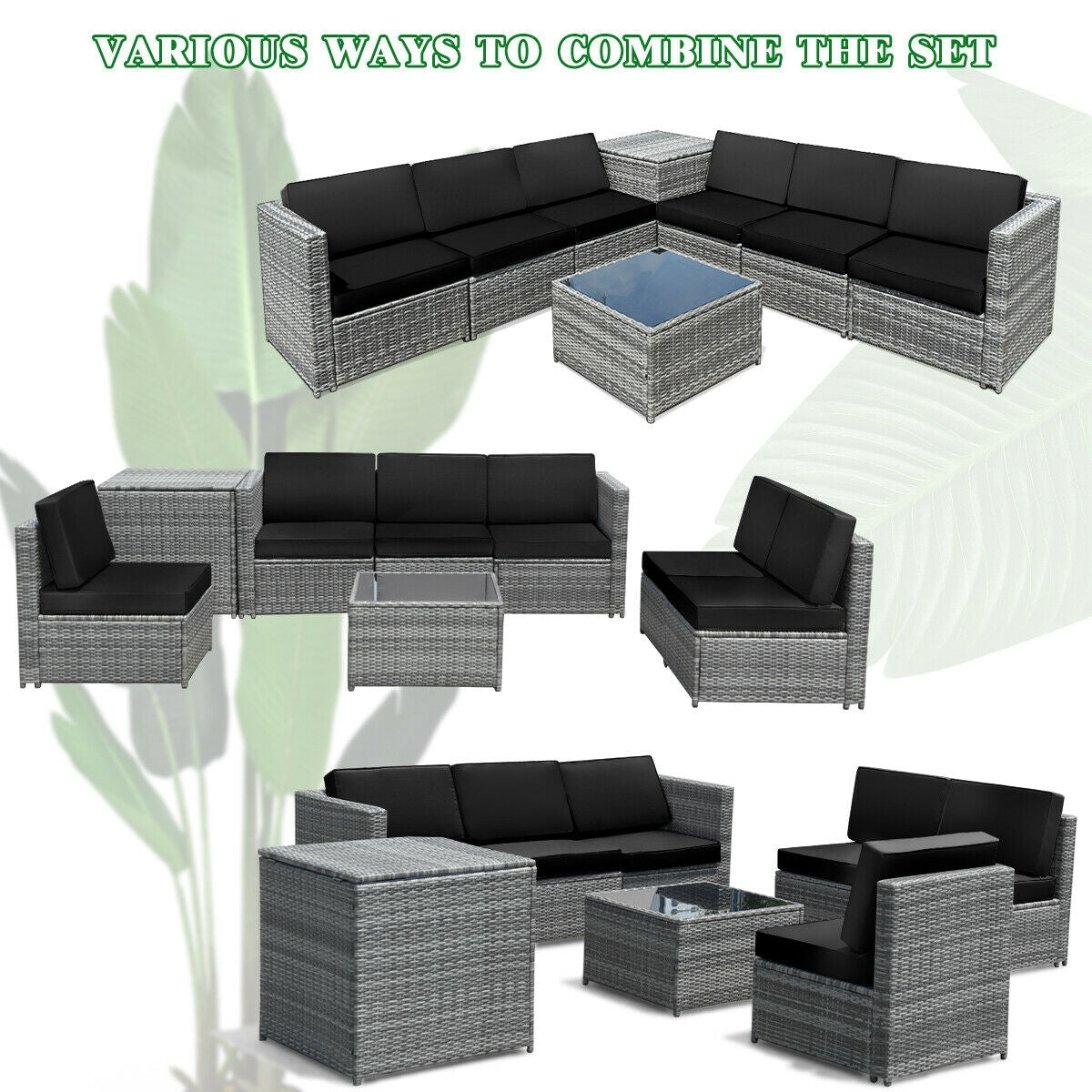 8 Piece Wicker Sofa Rattan Dinning Set Patio Furniture with Storage Table, Black Outdoor Sectionals   at Gallery Canada