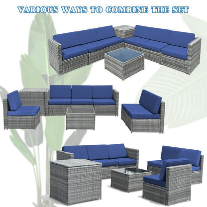 8 Piece Wicker Sofa Rattan Dinning Set Patio Furniture with Storage Table, Navy Outdoor Sectionals   at Gallery Canada