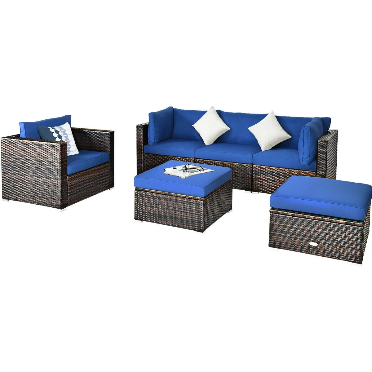 6 Pieces Patio Rattan Furniture Set with Sectional Cushion, Blue Outdoor Sectionals   at Gallery Canada