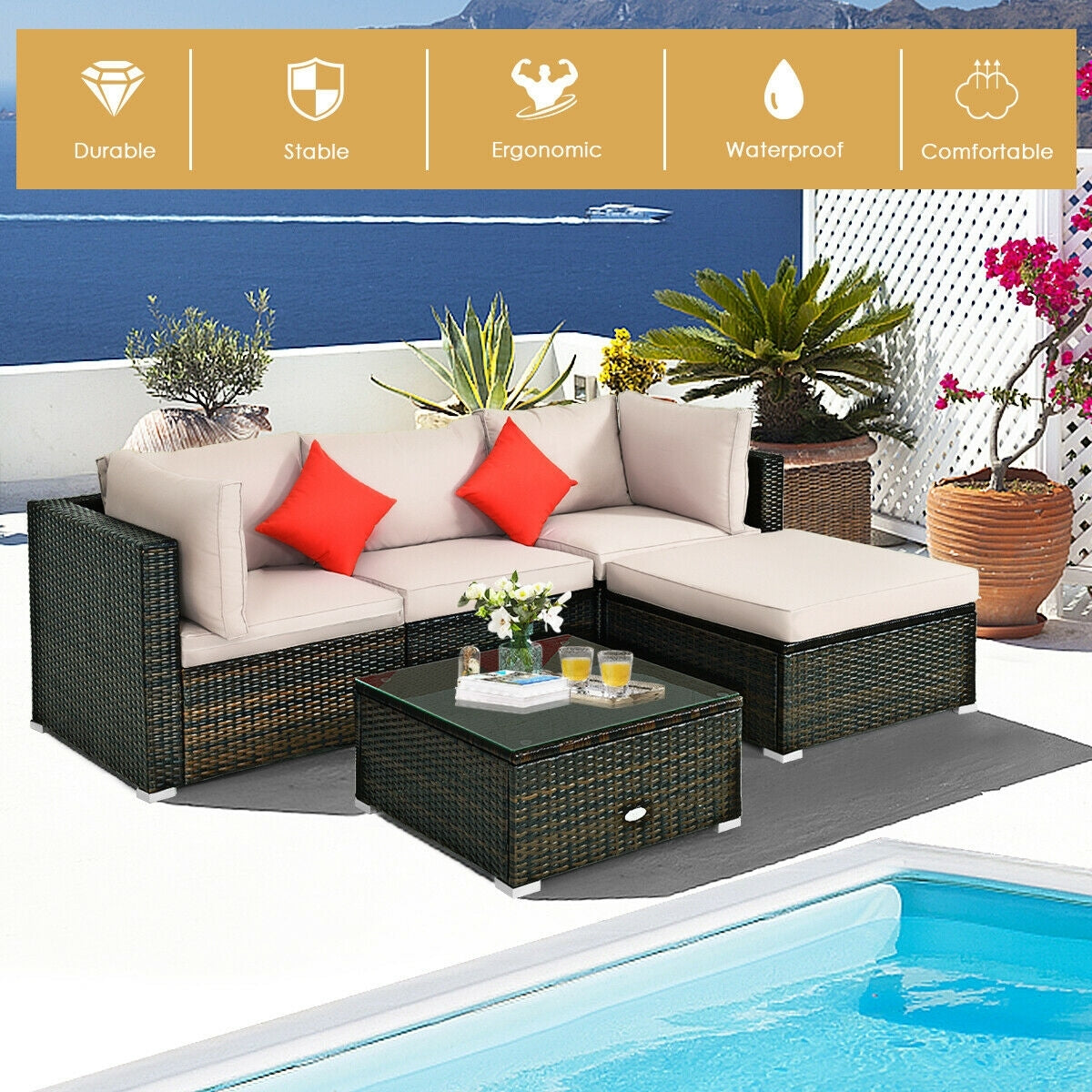 5 Pieces Outdoor Patio Rattan Furniture Set Sectional Conversation with Cushions, Beige Outdoor Sectionals   at Gallery Canada