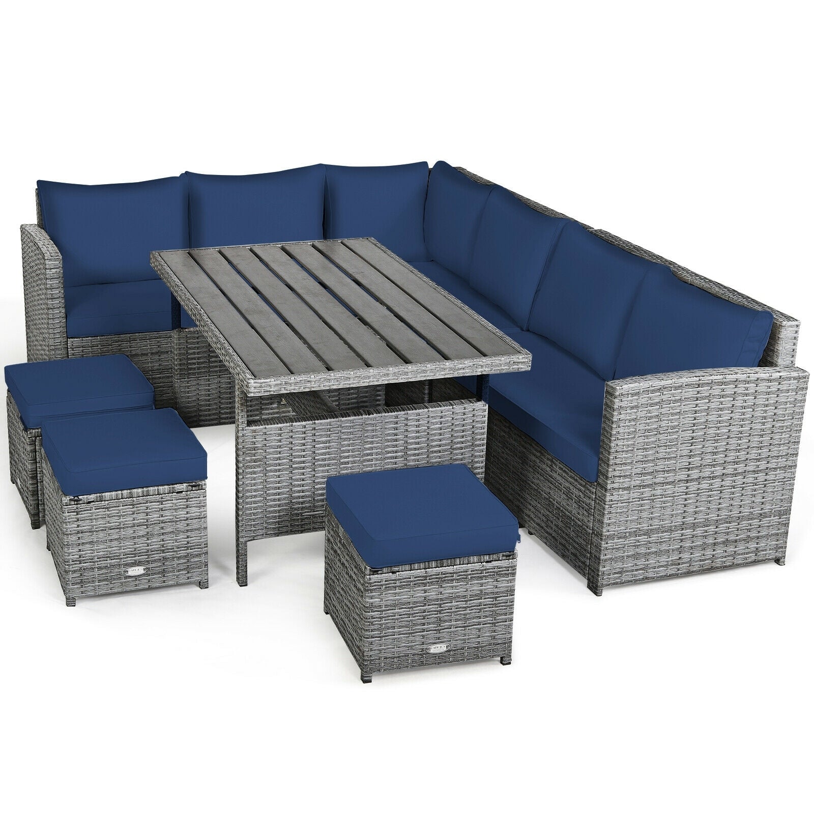 7 Pieces Patio Rattan Dining Furniture Sectional Sofa Set with Wicker Ottoman, Navy Outdoor Sectionals   at Gallery Canada