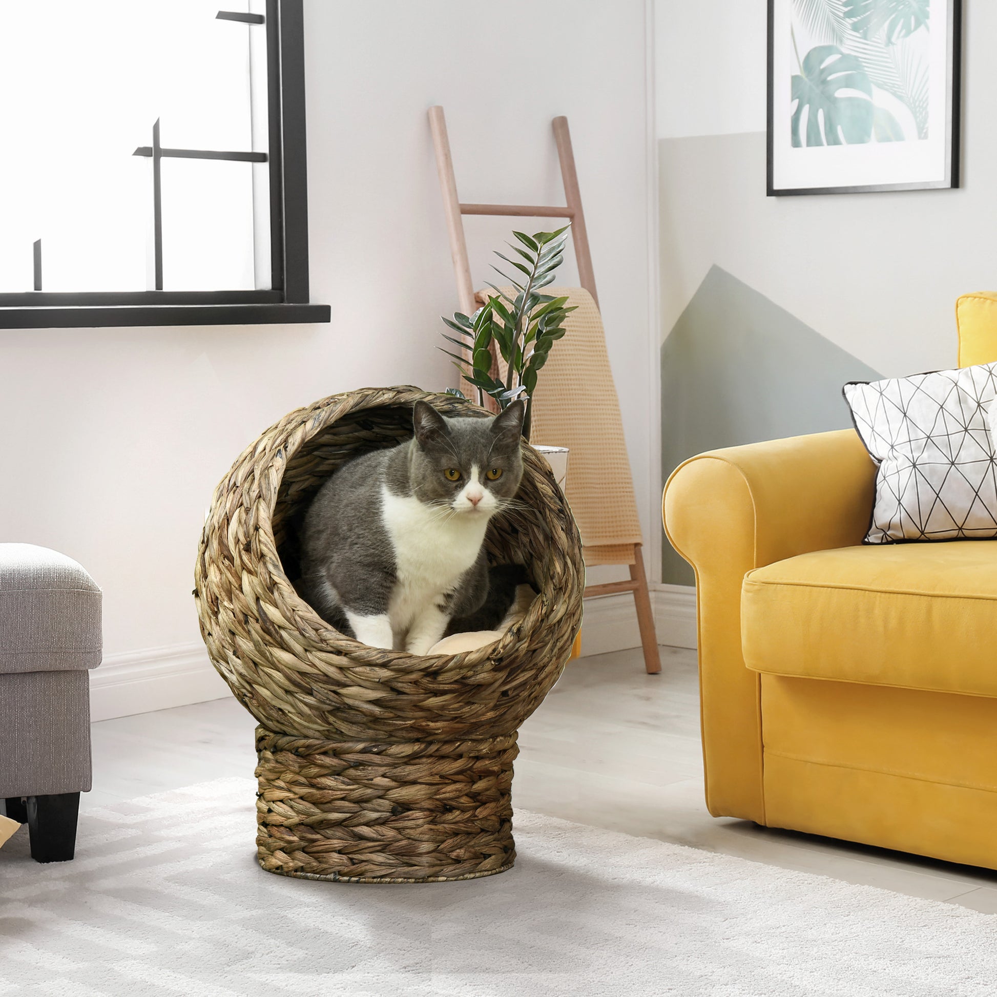 Wicker Cat Bed with Cushion, Stand, for Indoor Cats, Grey Cat Houses   at Gallery Canada