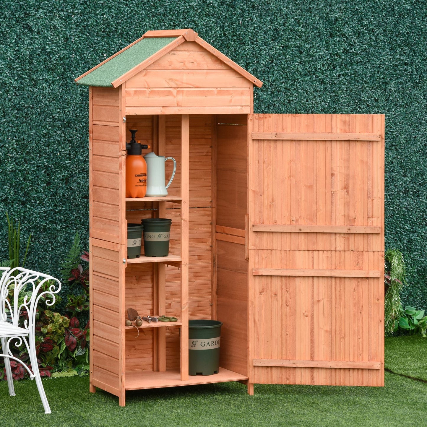 Wood Garden Shed Outdoor Tool Storage Cabinet Hutch Lockable Unit with Double Door and 3 Tire Storage Shelves Sheds   at Gallery Canada