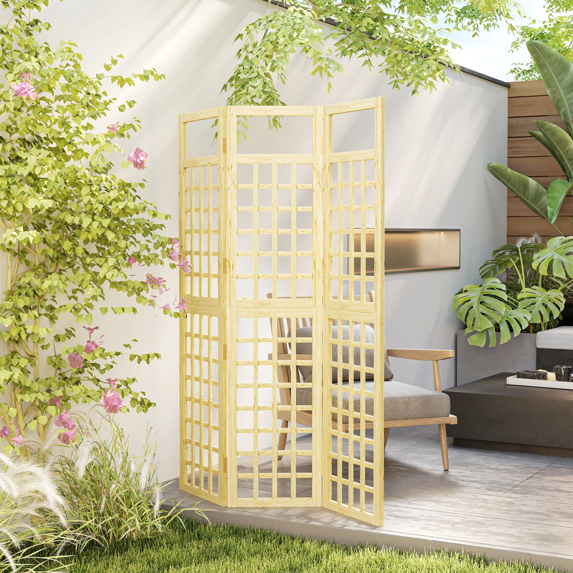 3 Panel Outdoor Wood Privacy Screen, Folding Room Divider/Trellis for Home, Patio, 47.2