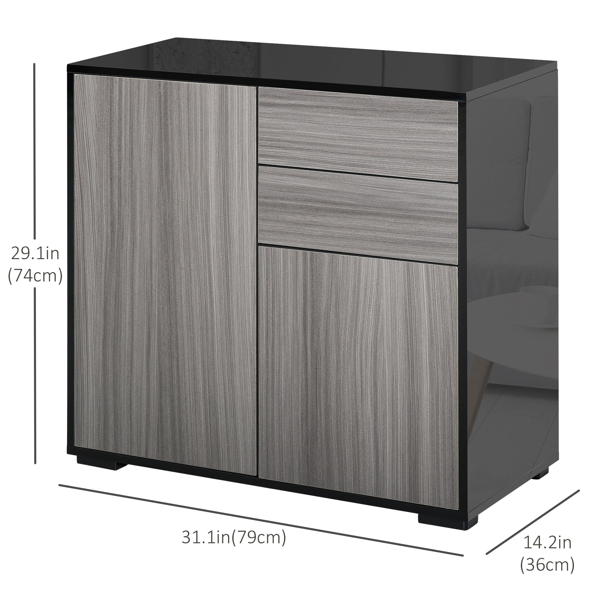 High Gloss Buffet Sideboard with 2 Drawers, 2 Doors and Adjustable Shelf, Kitchen Storage Cabinet with Push Open Design, Grey and Black Bar Cabinets at Gallery Canada