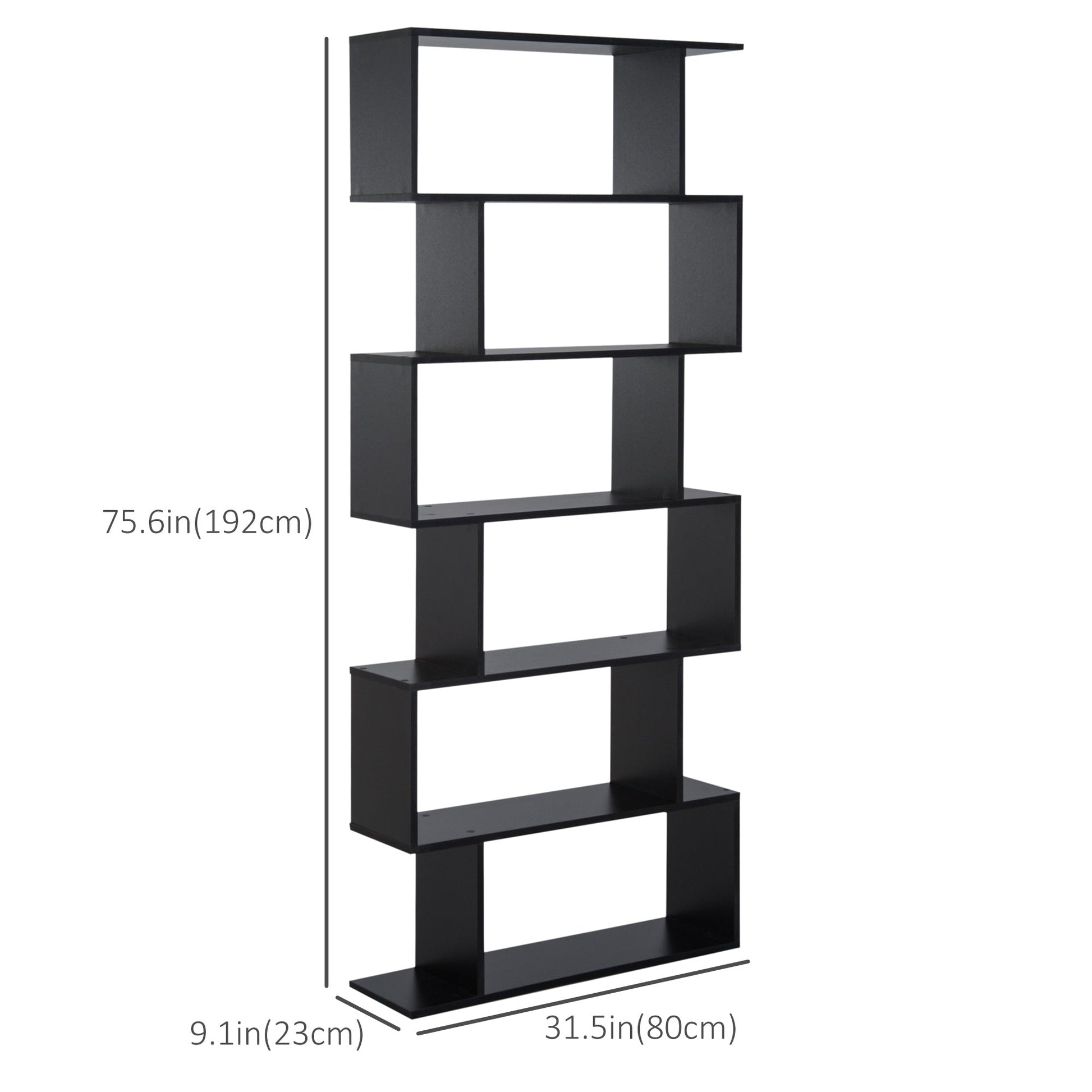 76" 6-Tier Wooden Bookcase S Shaped Storage Display Shelf Modern Bookshelf Open Concept Living Room Home Office Furniture, Black - Gallery Canada