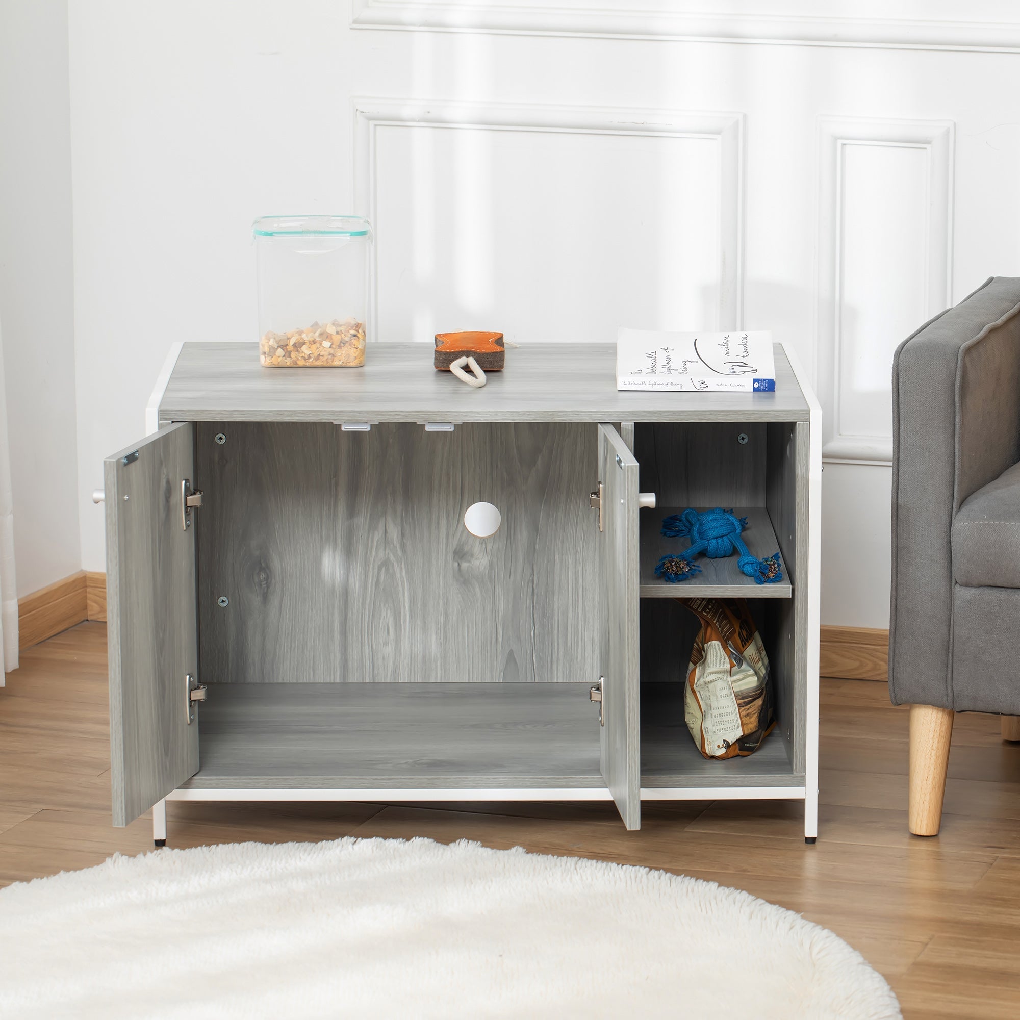 Double-Door Cat Litter Box Enclosure Cabinet with Storage, Grey Cat Litter Box Enclosures   at Gallery Canada