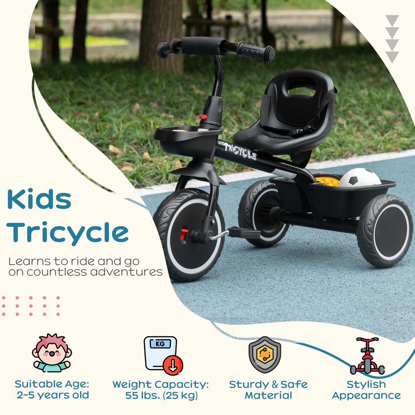 Tricycle for 2-5 Years Old, Toddler Bike with Adjustable Seat, Black Tricycles for Kids   at Gallery Canada