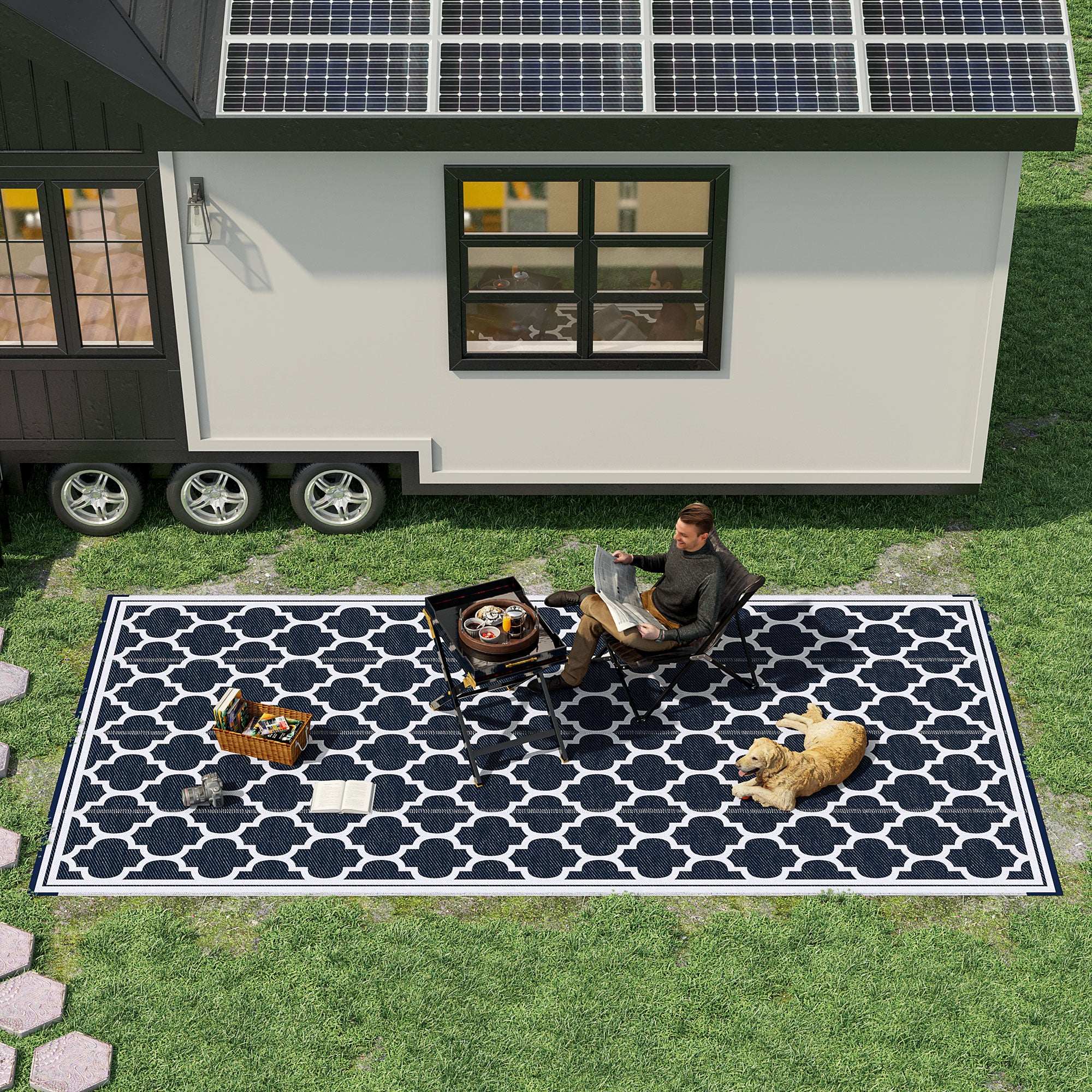 Reversible Outdoor RV Rug, 9' x 18' Patio Floor Mat, Plastic Straw Rug for Backyard, Deck, Picnic, Beach, Camping, Dark Blue and White Outdoor Reversible Rugs at Gallery Canada