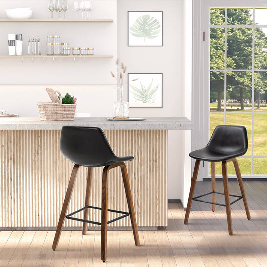 Counter Height Bar stools Set of 2 Mid-Back PU Leather Bar Chairs with Wood Legs, Black Bar Stools Black  at Gallery Canada