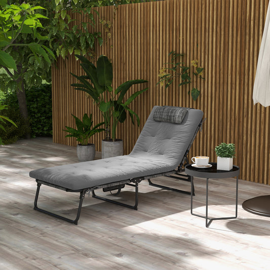 Folding Outdoor Lounge - Tanning Chair with 4-level Reclining Back, with Cushion, Breathable Mesh, Side Pocket, Headrest, Grey Lounger Chairs   at Gallery Canada