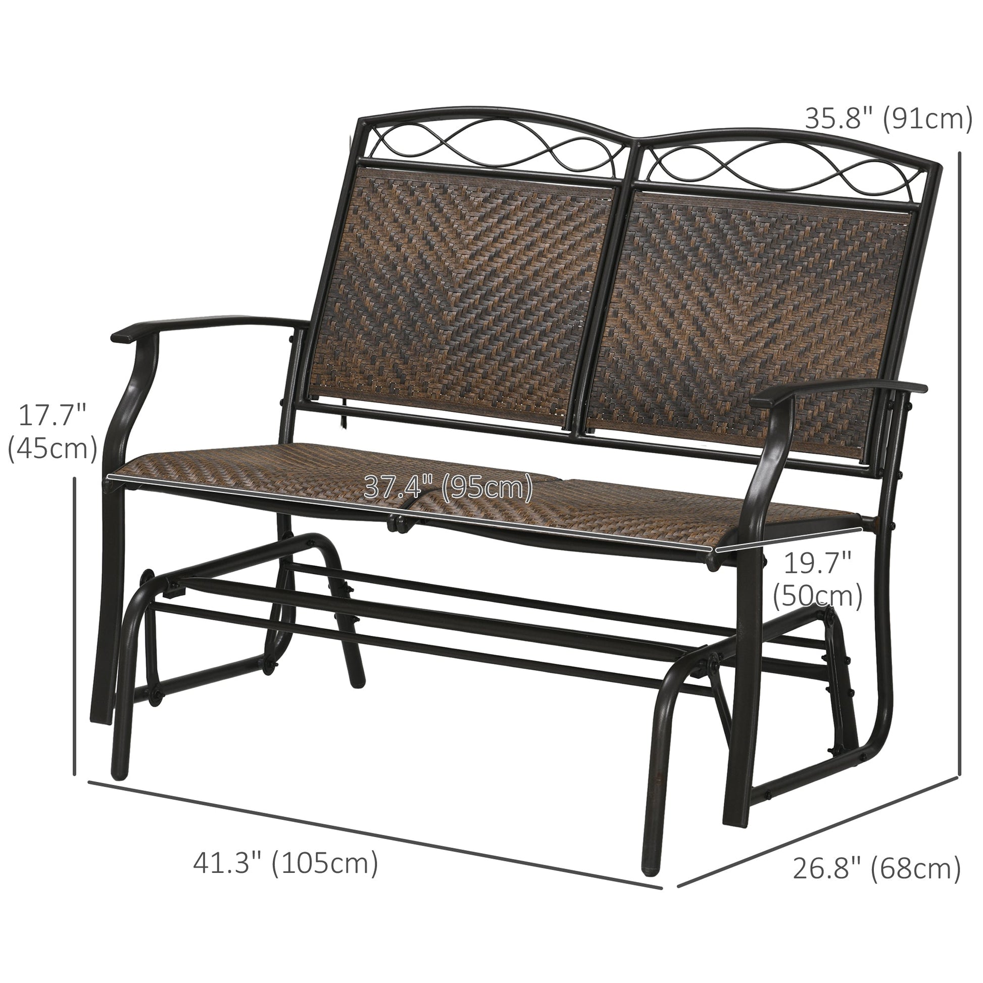 Outdoor Glider Loveseat, Steel Frame Rattan Gliding Chair, Mixed Brown Outdoor Rocking Chairs   at Gallery Canada