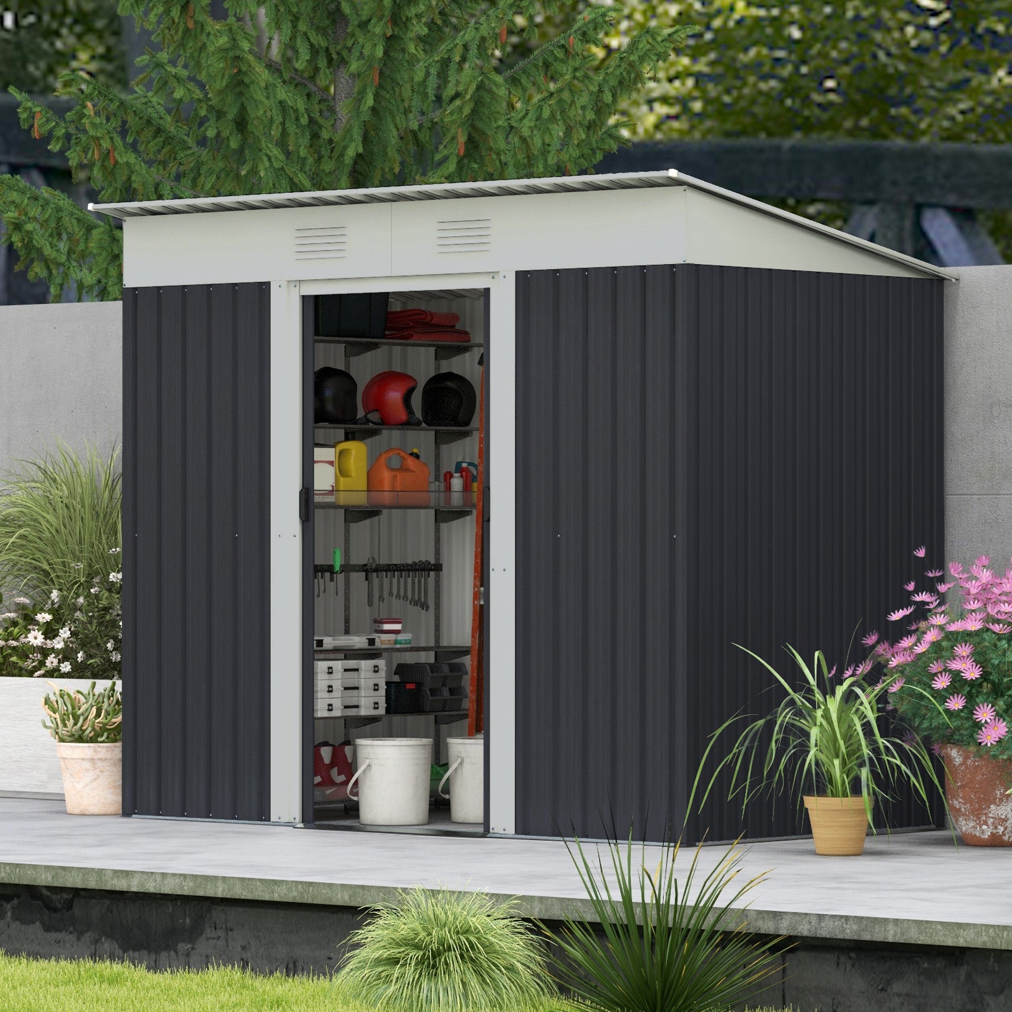 7' x 4' Outdoor Storage Shed, Metal Garden Tool Storage House Organizer with Lockable Sliding Doors and Vents for Backyard Patio Lawn, Charcoal Grey Sheds at Gallery Canada