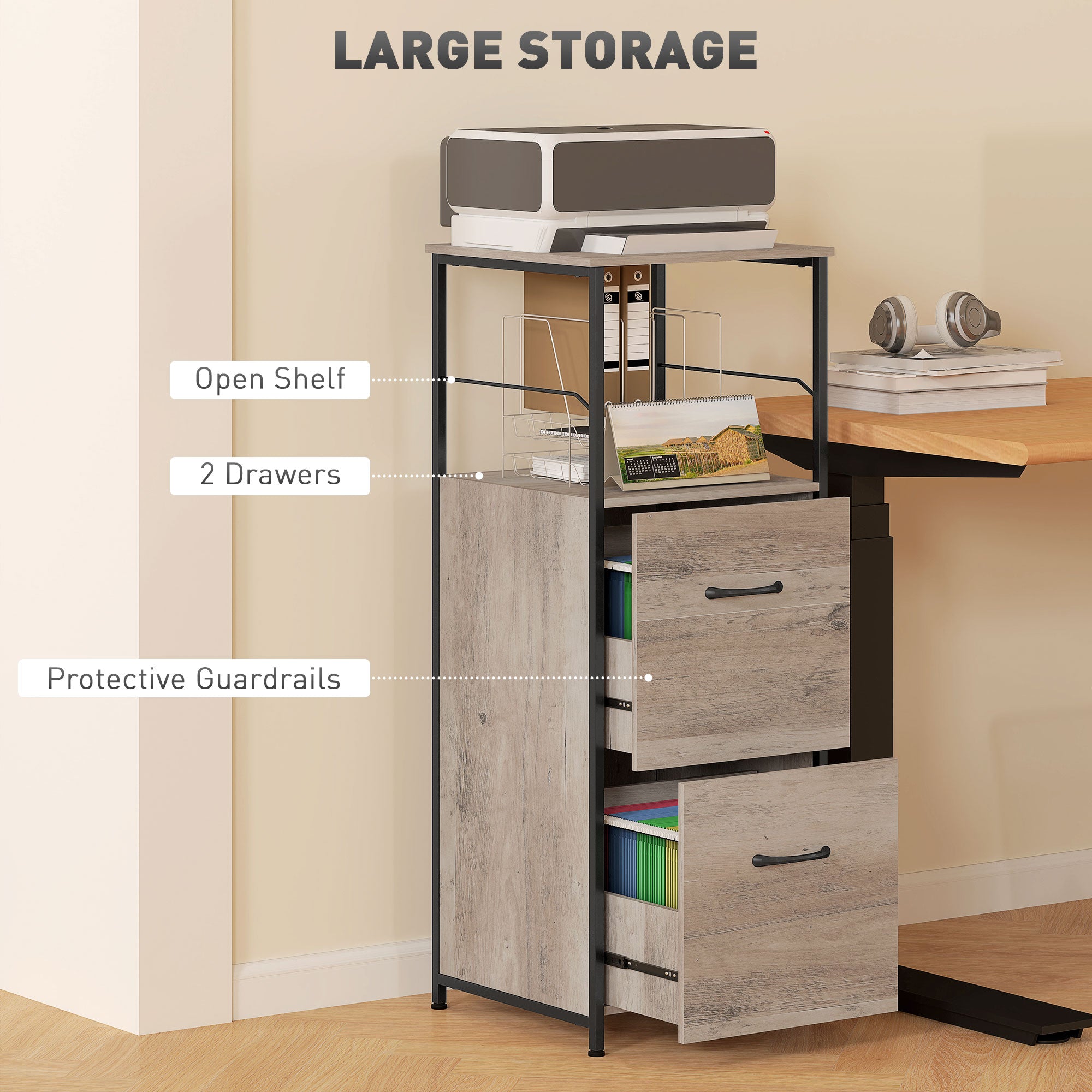 Vertical Filing Cabinet, Tall File Cabinet with 2 Drawers, Hanging Bars for Letter and A4 Size, Distressed Grey Office Cabinets & Cupboards at Gallery Canada
