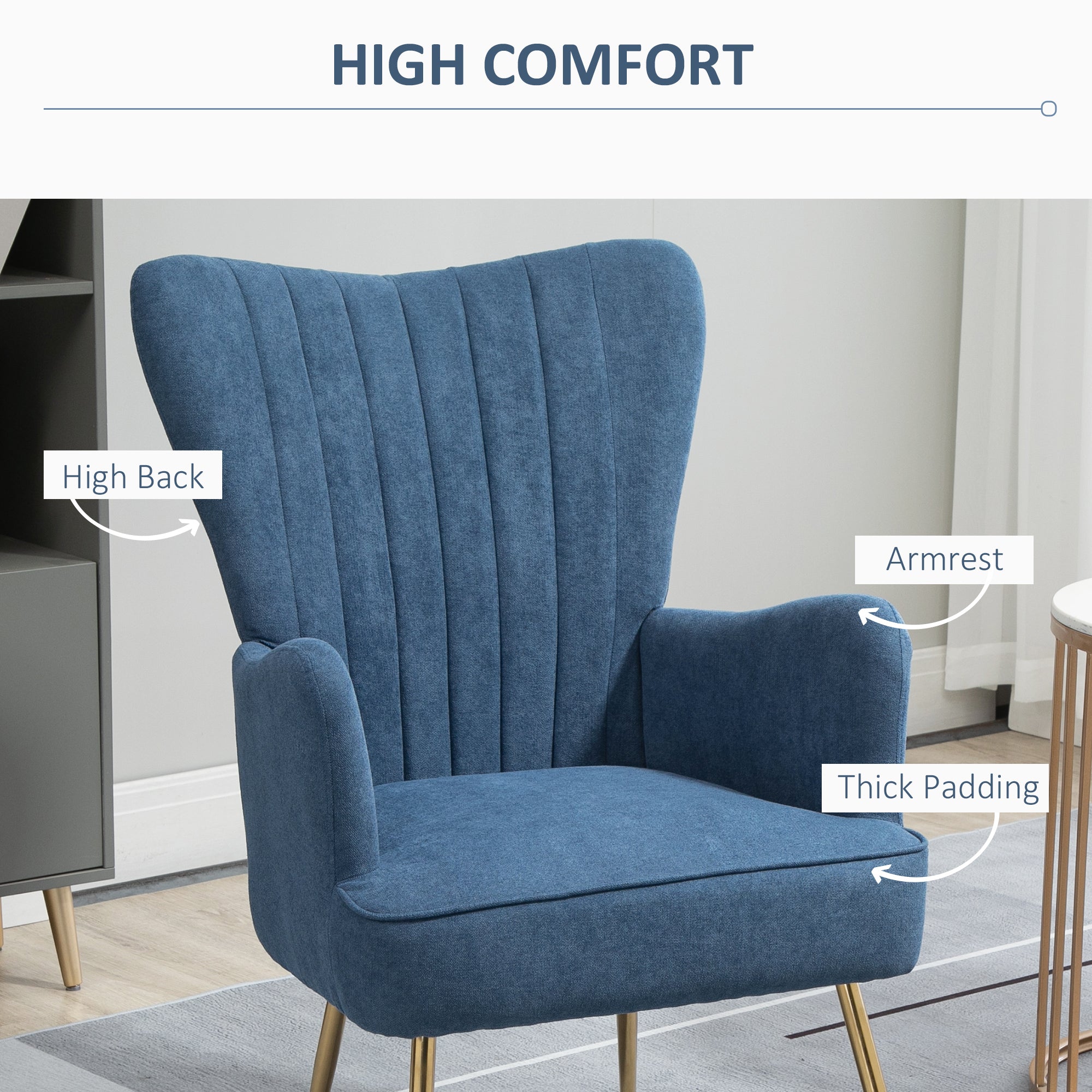 Velvet Accent Chairs, Modern Living Room Chair, Tall Back Leisures Chair with Steel Legs for Bedroom, Dinning Room, Waiting Room, Blue Accent Chairs   at Gallery Canada