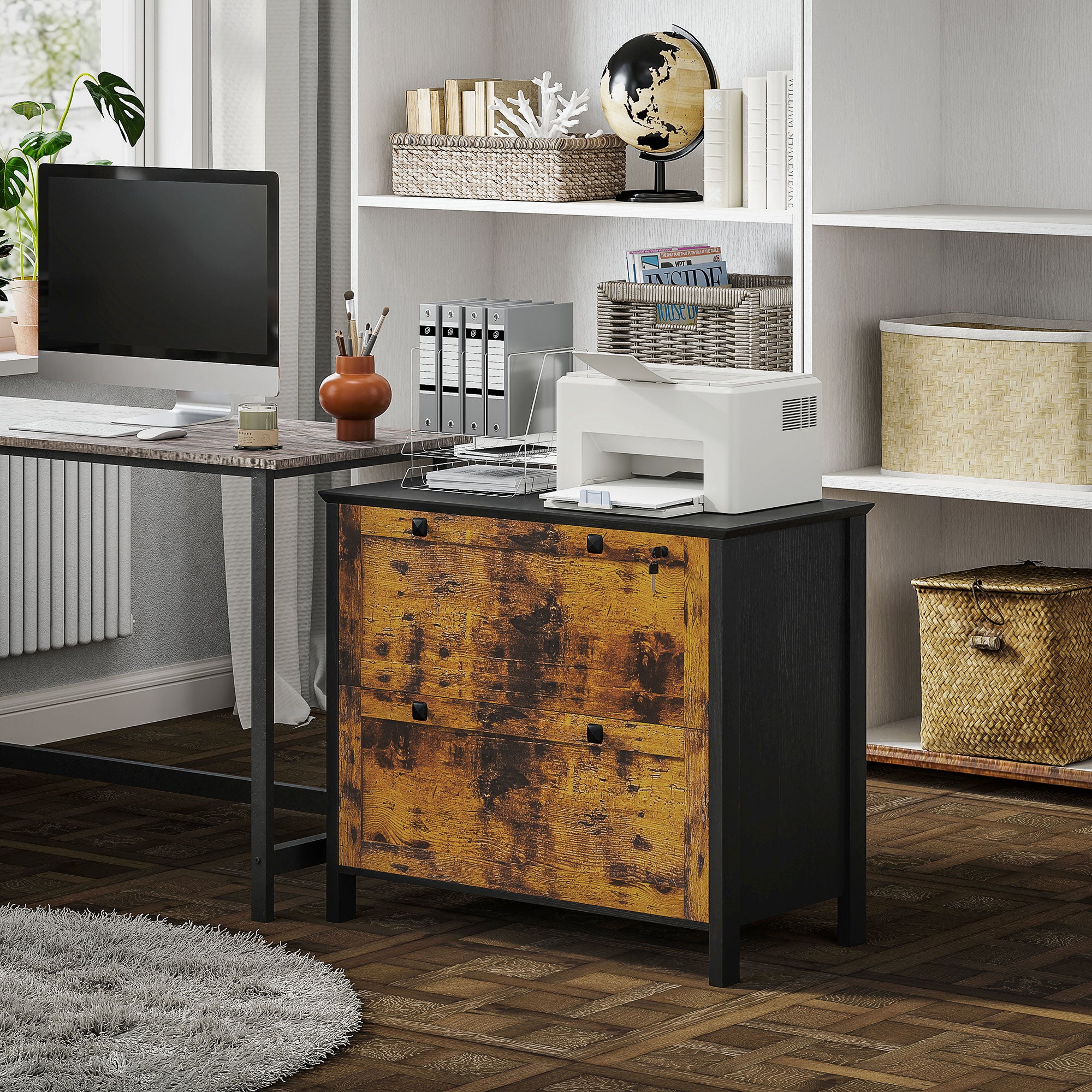 2 Drawer File Cabinet, Lockable Filing Cabinet with Adjustable Hanging Bar for Letter, A4 Size, Rustic Brown Office Cabinets & Cupboards at Gallery Canada