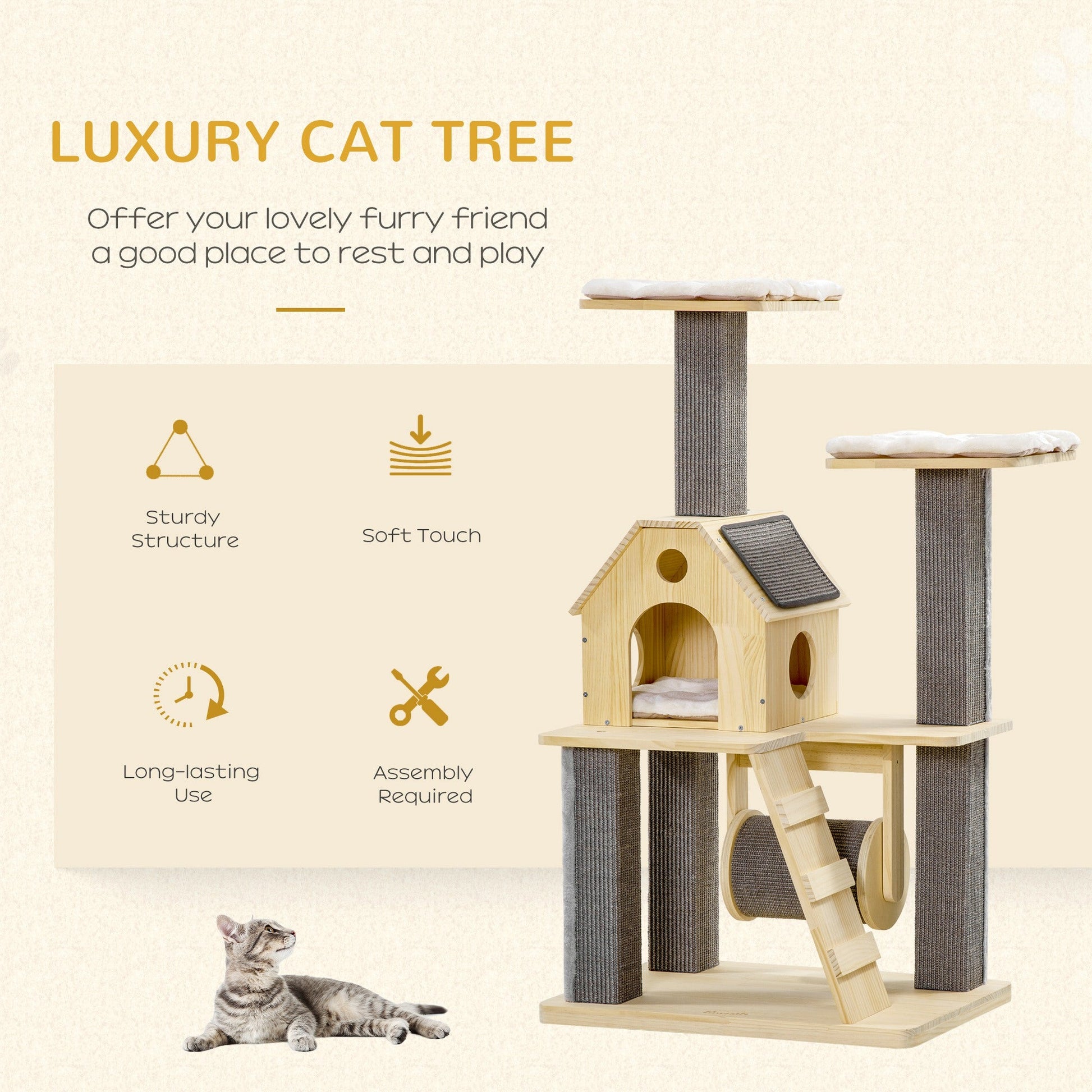 49" Cat Tree Kitty Activity Center Wooden Cat Climbing Toy Pet Furniture with Cat Condo Cat Roller Ladder Cushions Sisal Scratching Post Pad, Natural - Gallery Canada