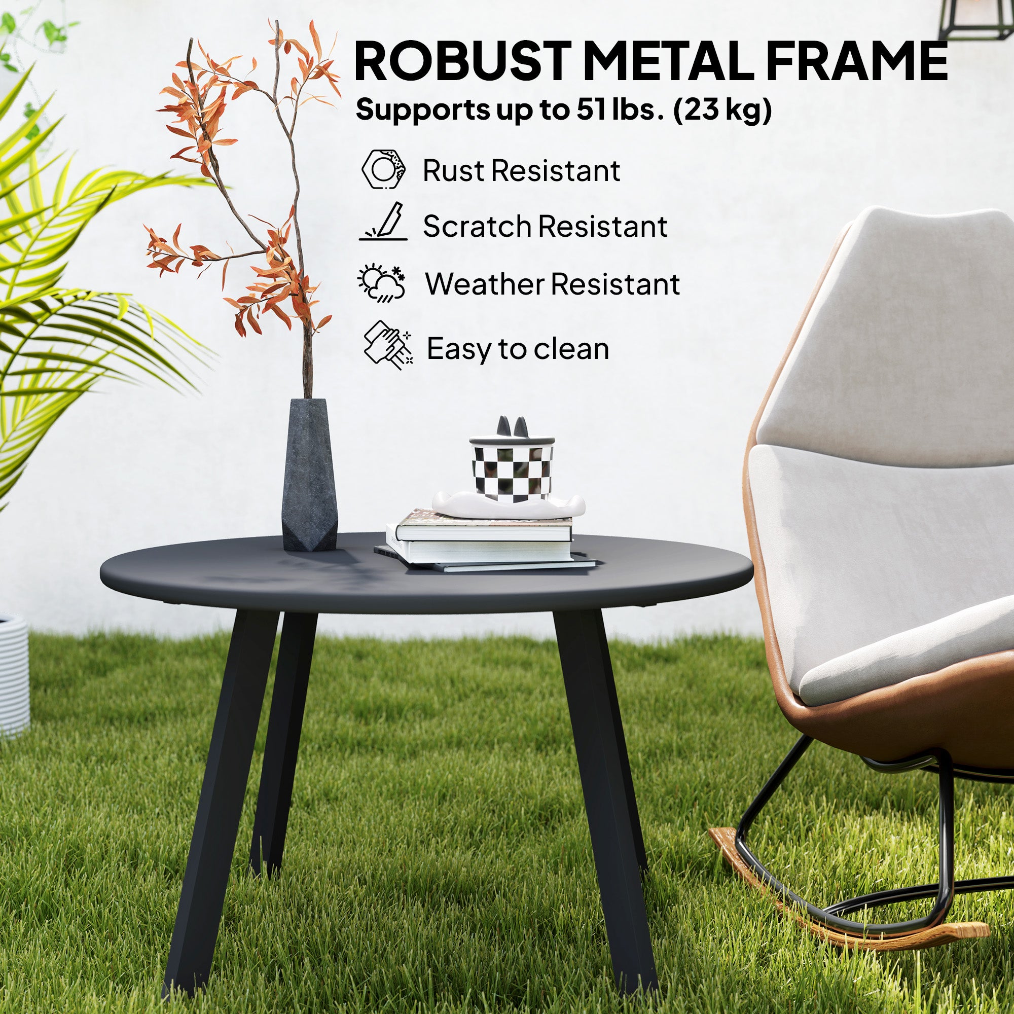 Round Outdoor Side Table, Patio Coffee Table with Metal Frame and Non-Slip Foot Pads, Black Patio Side Tables at Gallery Canada