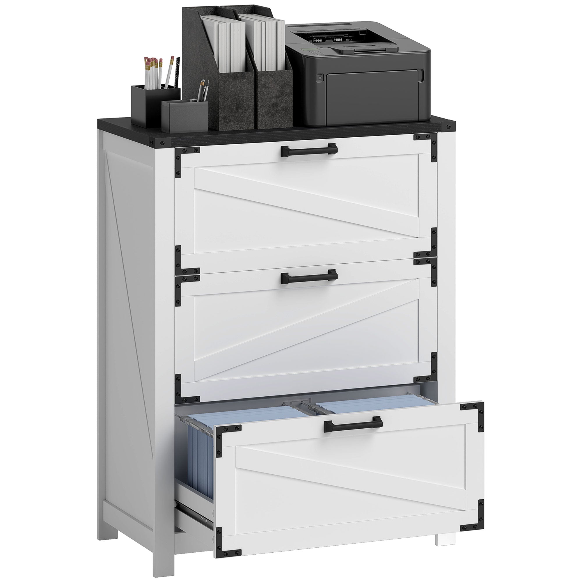 3 Drawer Filing Cabinet, Farmhouse Office Storage Cabinet with Adjustable Hanging Bars for Letter, A4, Legal Size, White Office Cabinets & Cupboards at Gallery Canada