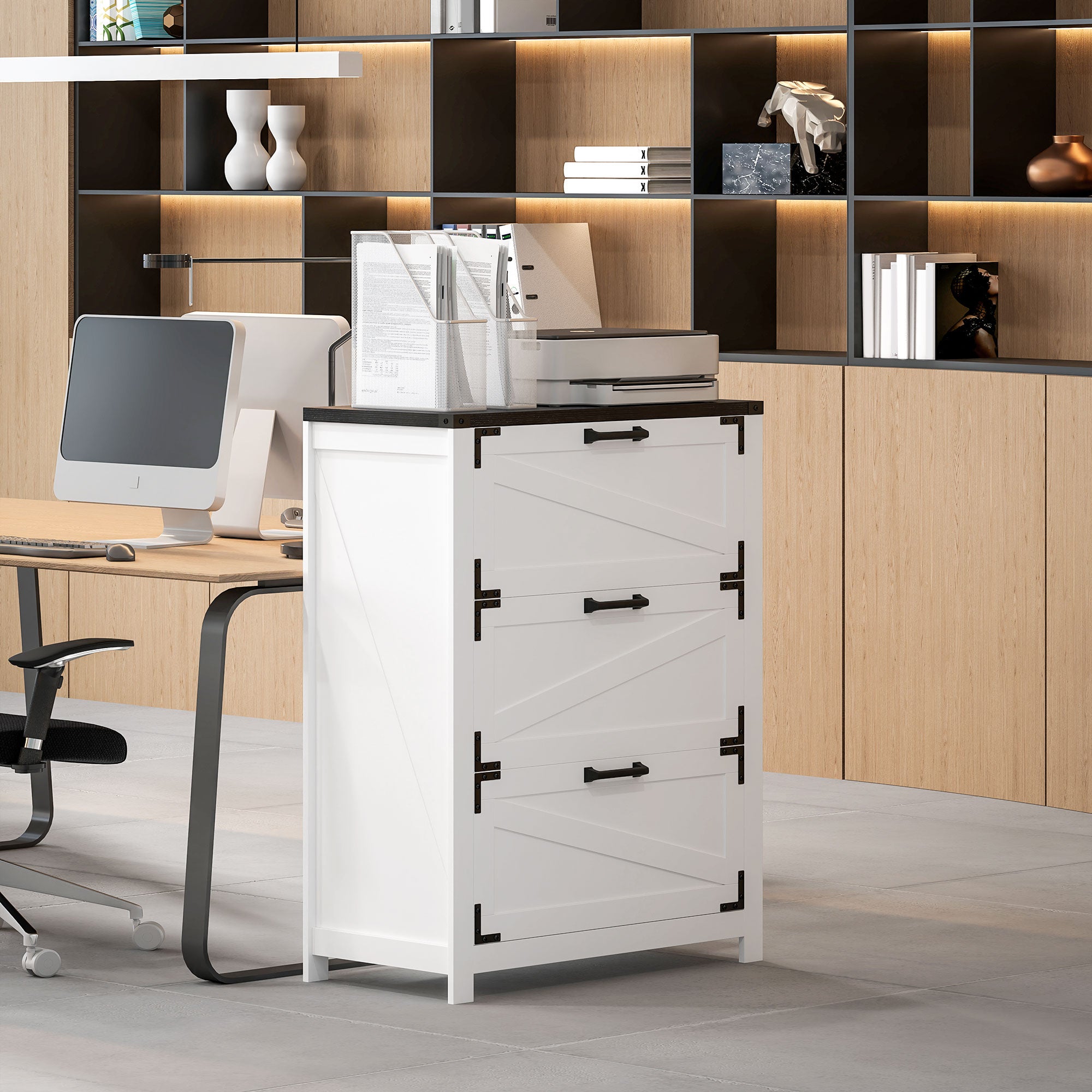 3 Drawer Filing Cabinet, Farmhouse Office Storage Cabinet with Adjustable Hanging Bars for Letter, A4, Legal Size, White Office Cabinets & Cupboards at Gallery Canada