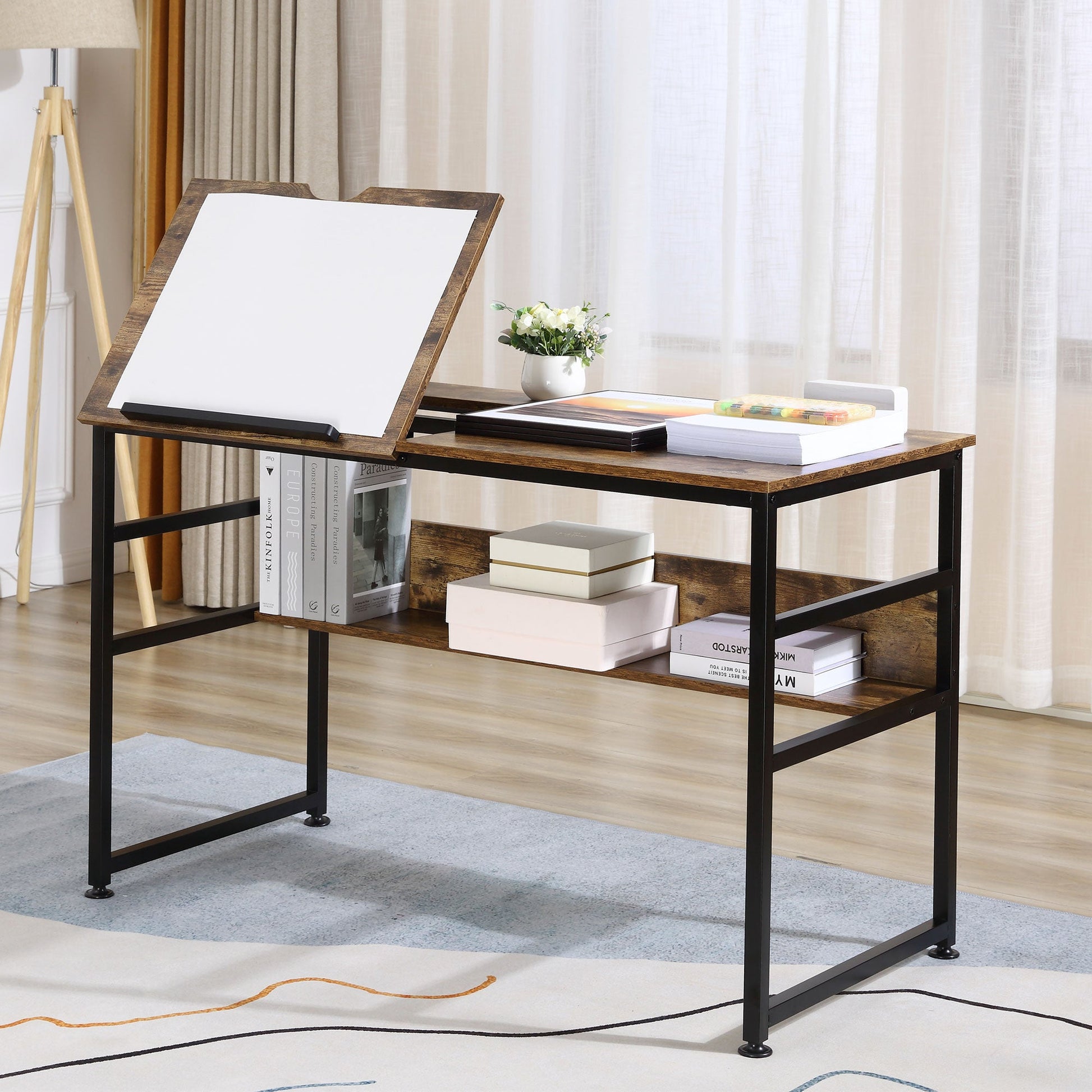 Tiltable Drafting Table Art Desk with Storage Shelf for Painting, Rustic Brown Writing Desks   at Gallery Canada