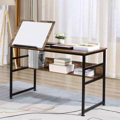 Tiltable Drafting Table Art Desk with Storage Shelf for Painting, Rustic Brown Writing Desks   at Gallery Canada