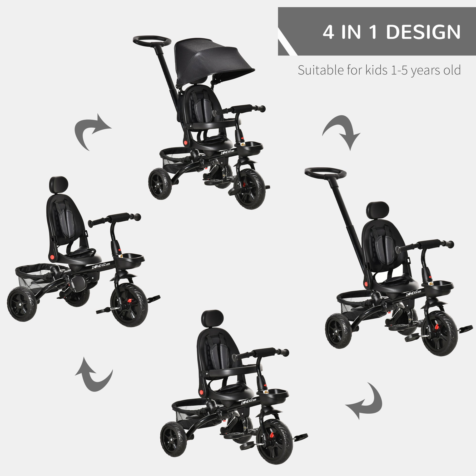 Baby Tricycle 4 In 1 Trike w/ Reversible Angle Adjustable Seat Removable Handle Canopy Handrail Belt Storage Footrest Brake Clutch for 1-5 Years Old Black Tricycles for Kids at Gallery Canada